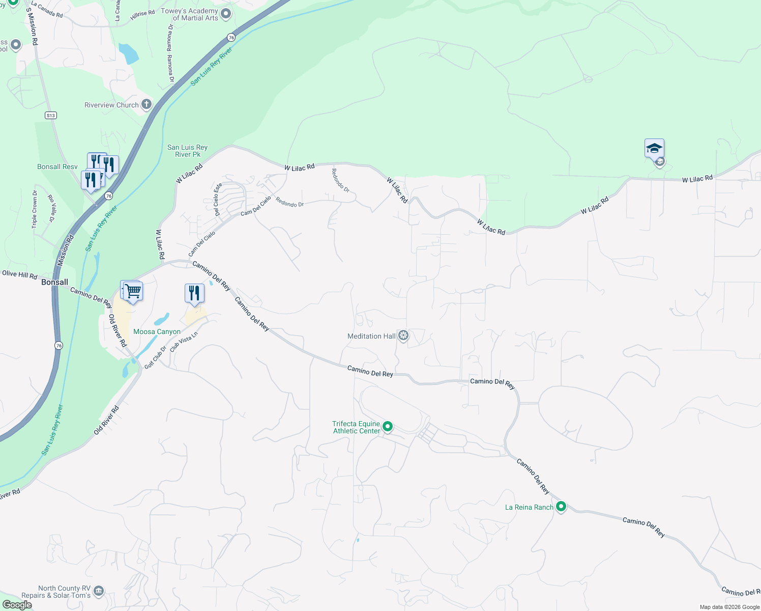 map of restaurants, bars, coffee shops, grocery stores, and more near 31630 Wrightwood Road in Bonsall