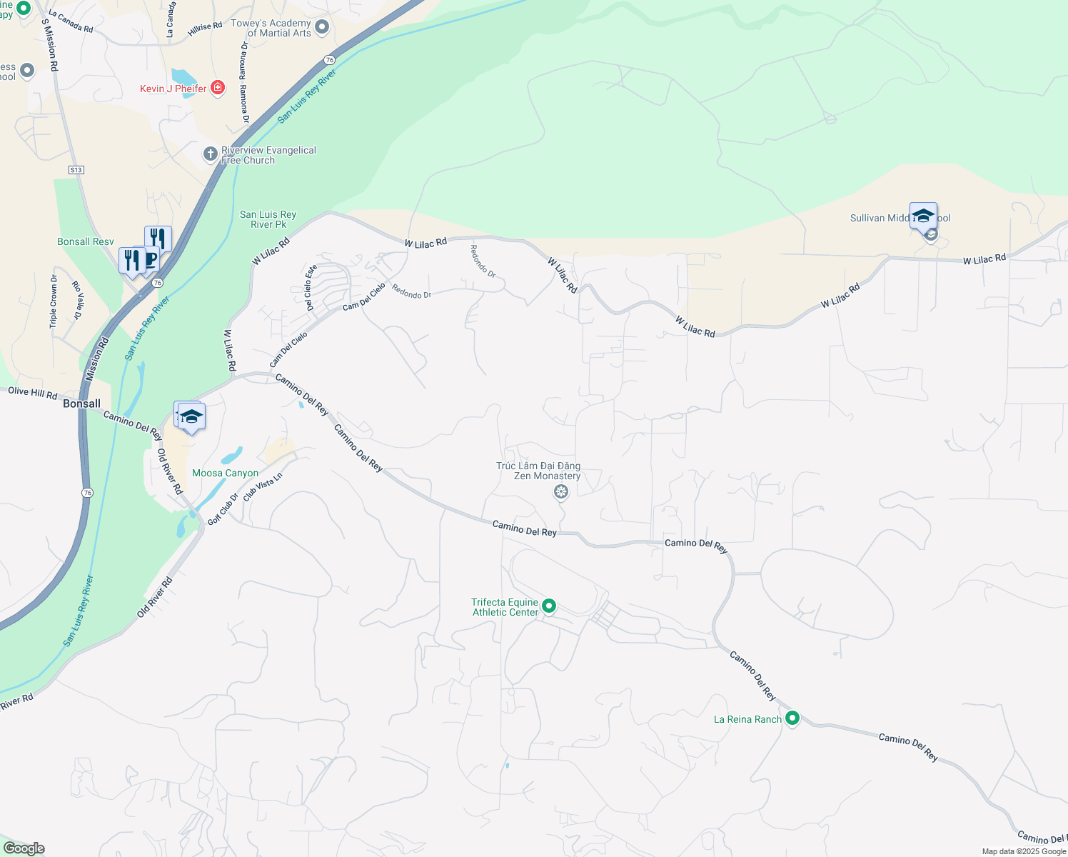 map of restaurants, bars, coffee shops, grocery stores, and more near 31628 Wrightwood Road in Bonsall