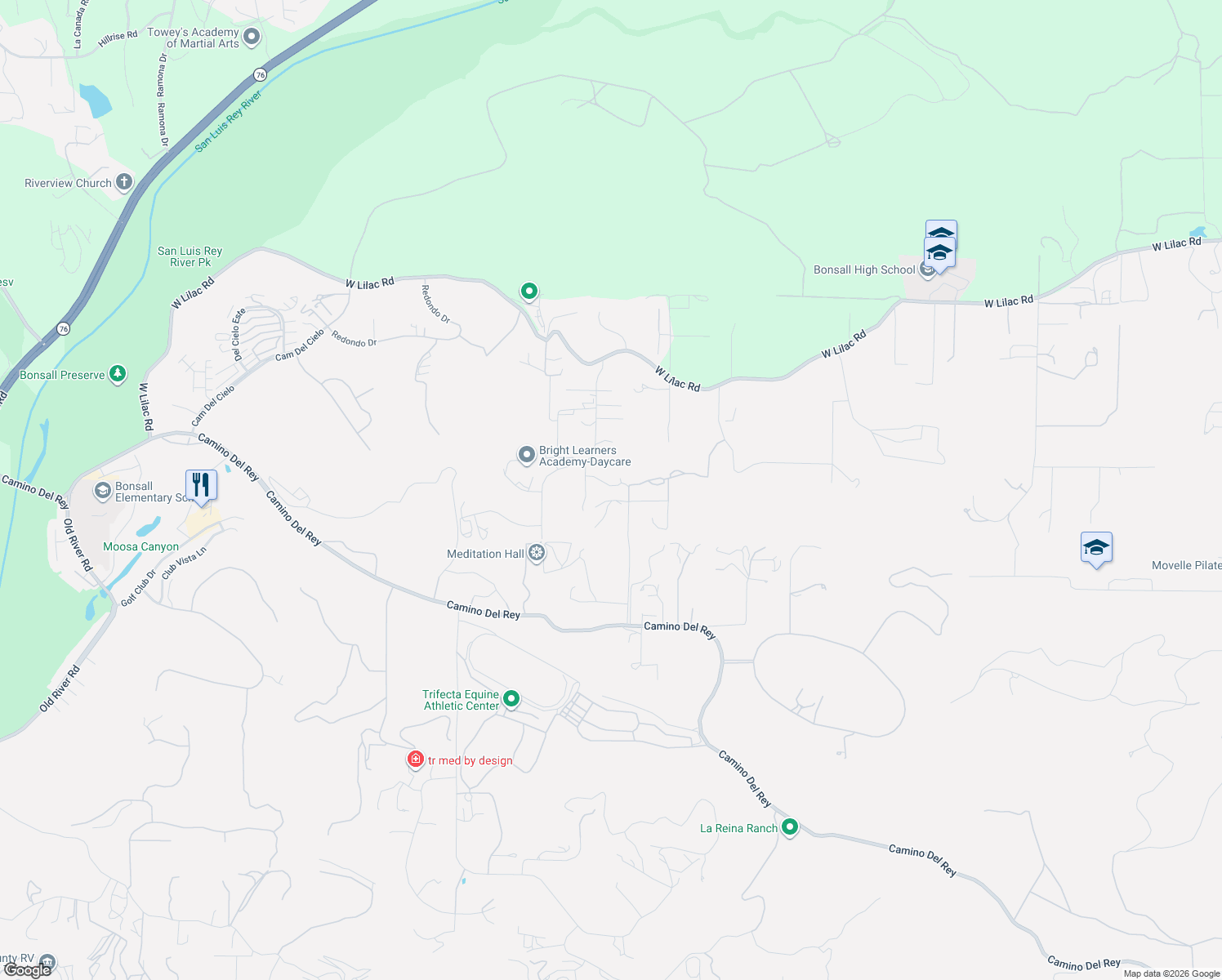 map of restaurants, bars, coffee shops, grocery stores, and more near 31801 Wrightwood Road in Bonsall