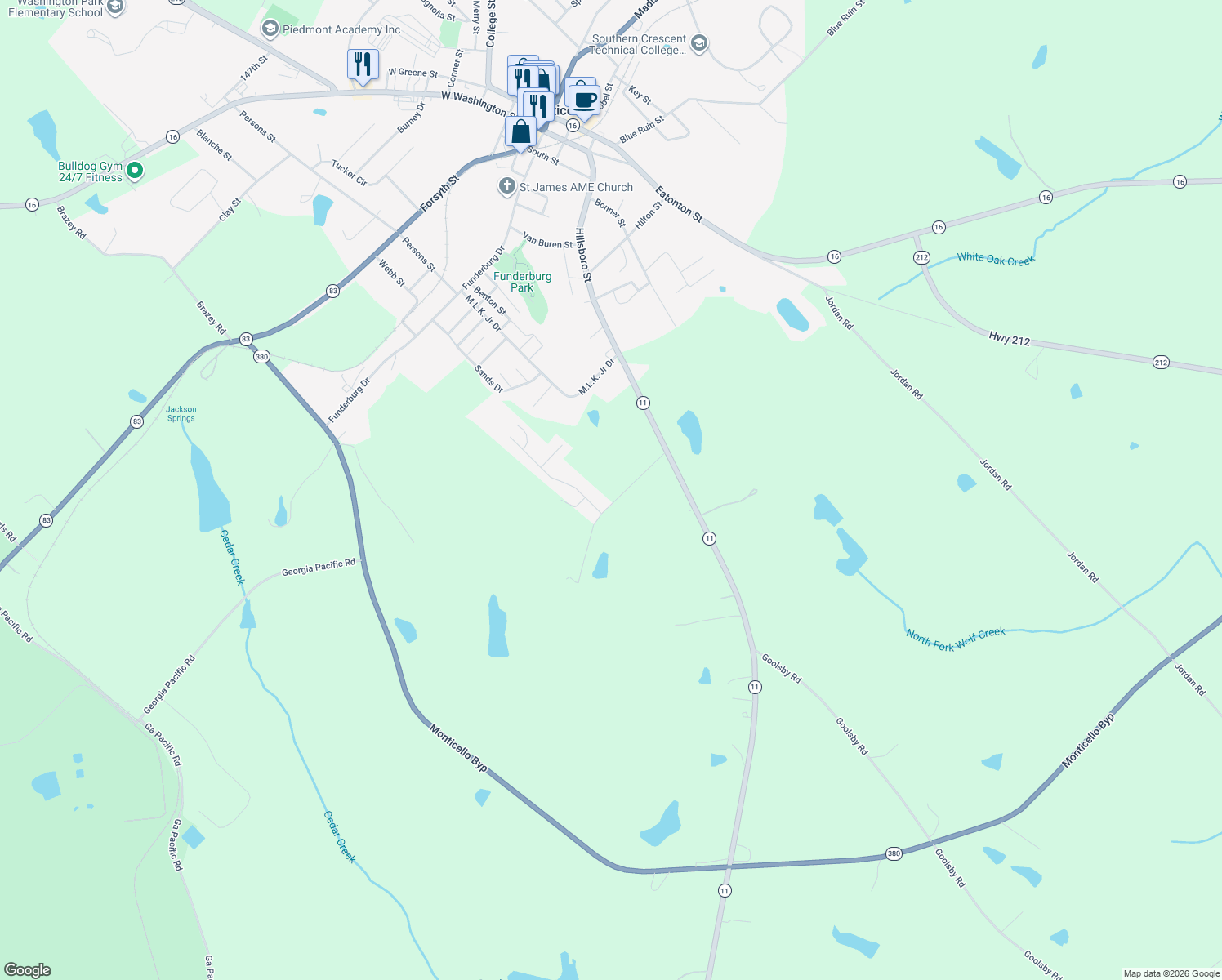 map of restaurants, bars, coffee shops, grocery stores, and more near 210 Pine Valley Road in Monticello