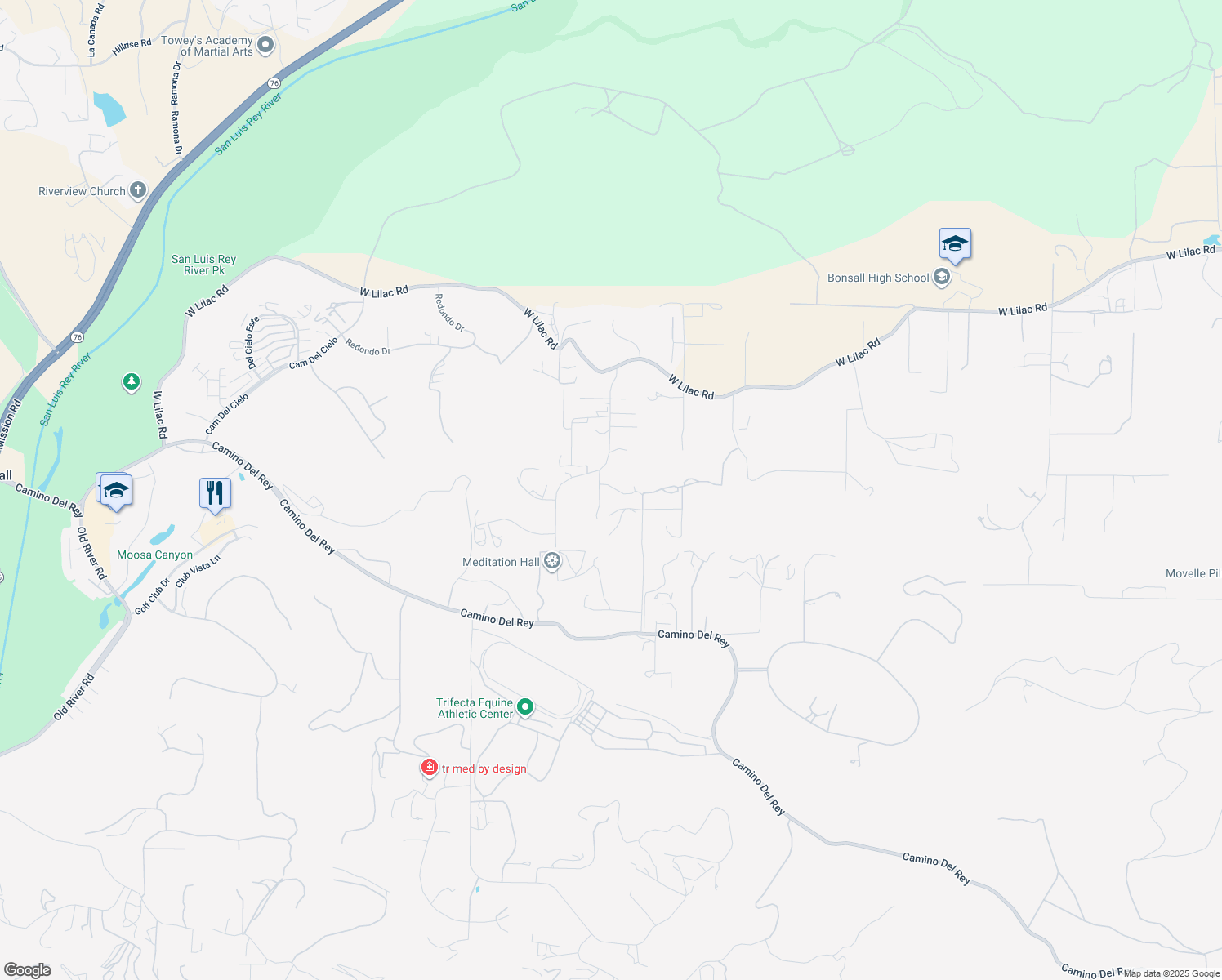 map of restaurants, bars, coffee shops, grocery stores, and more near 31801 Wrightwood Road in Bonsall