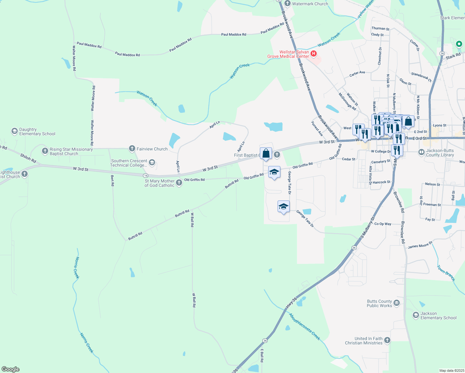 map of restaurants, bars, coffee shops, grocery stores, and more near 104 Bob White Run in Jackson