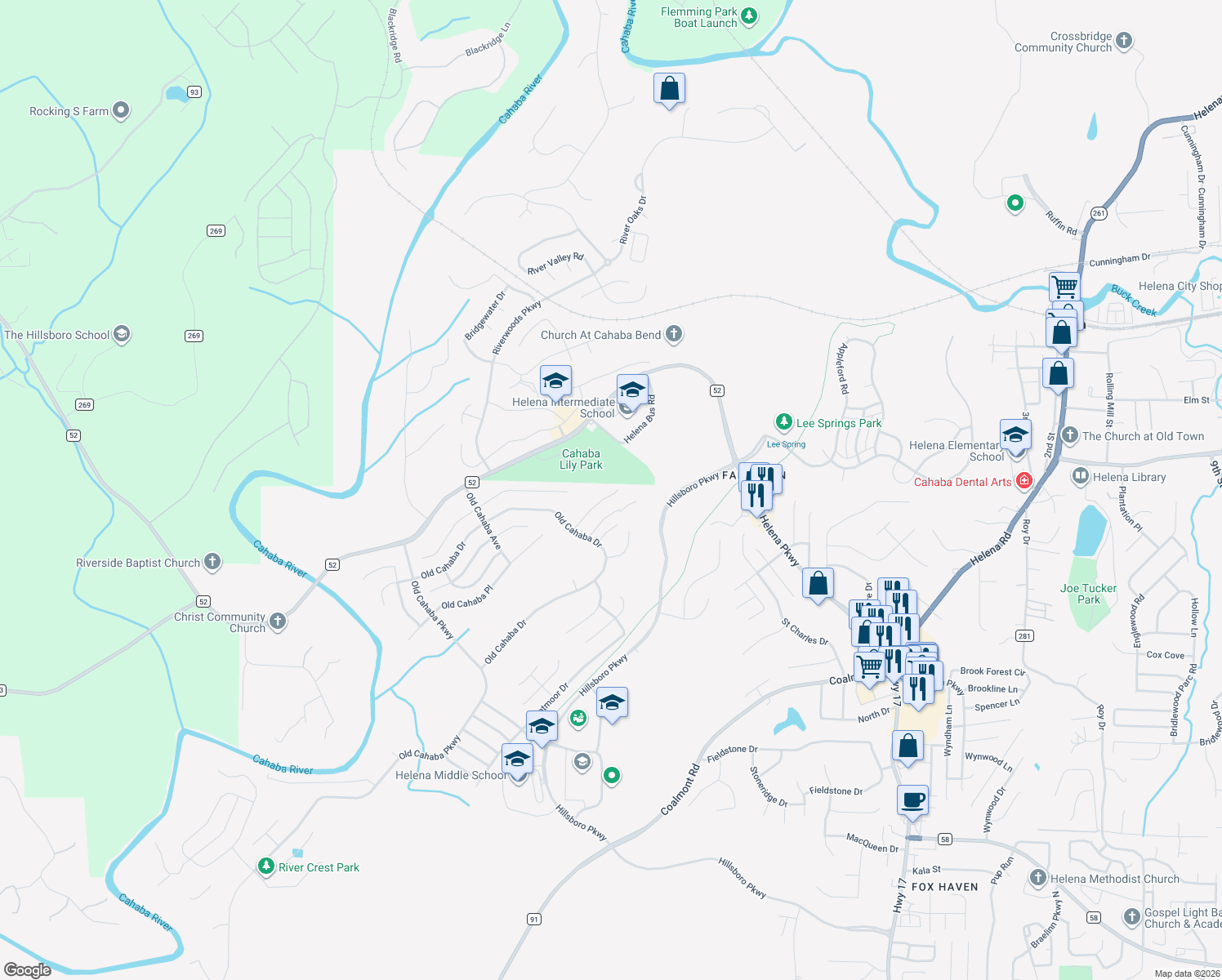 map of restaurants, bars, coffee shops, grocery stores, and more near 1139 Old Cahaba Circle in Helena