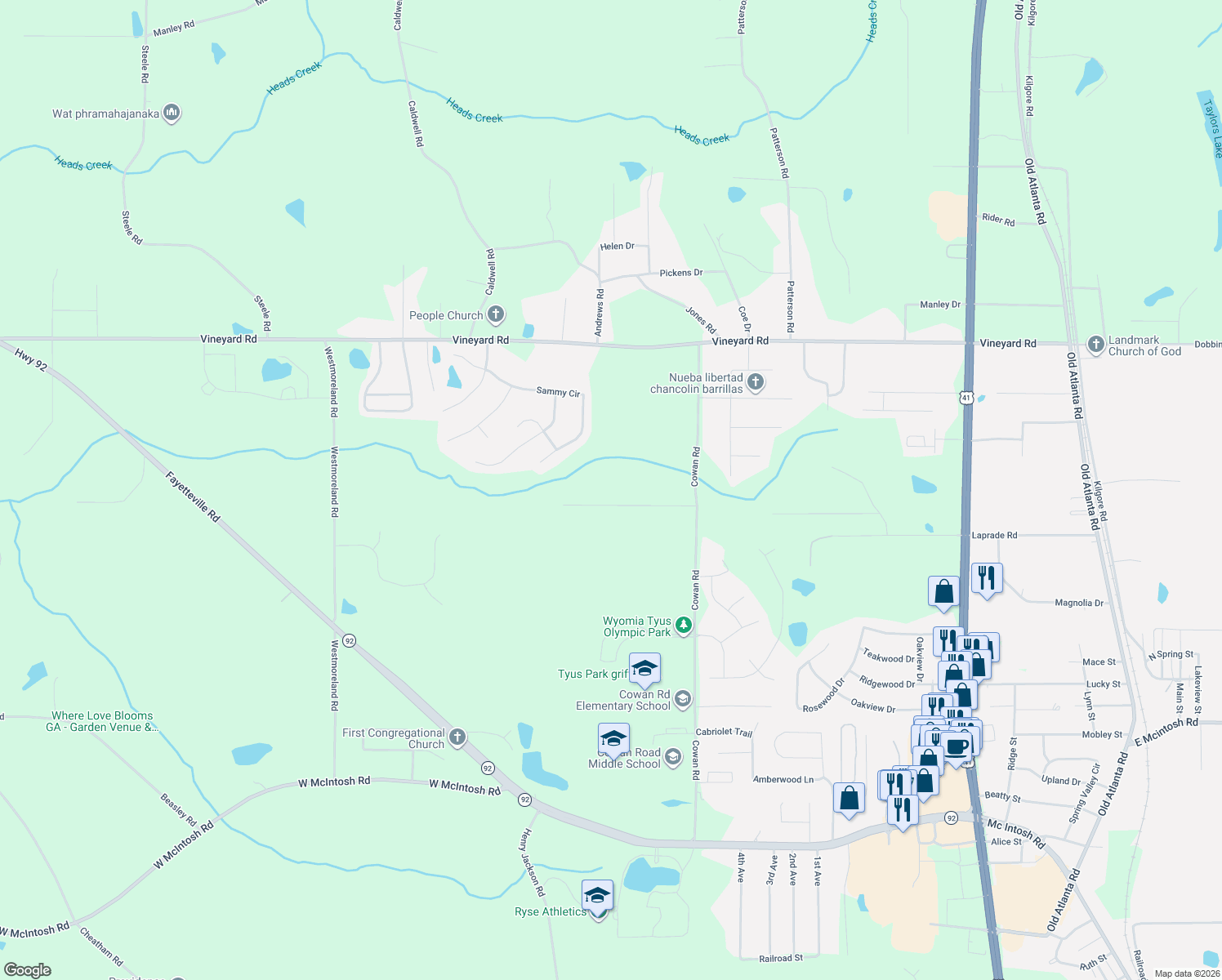map of restaurants, bars, coffee shops, grocery stores, and more near 613 Seminole Drive in Griffin