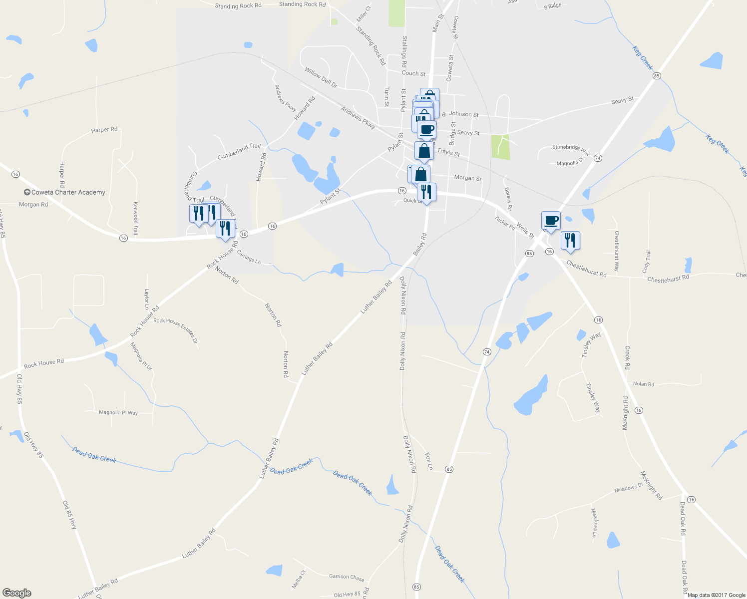 map of restaurants, bars, coffee shops, grocery stores, and more near 374 Luther Bailey Road in Senoia