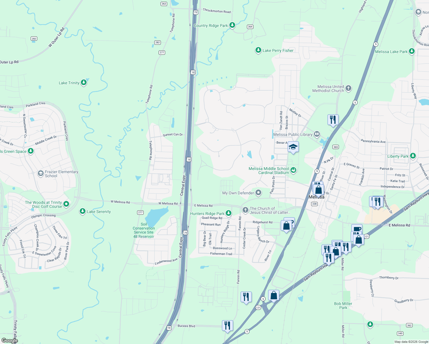 map of restaurants, bars, coffee shops, grocery stores, and more near 53 Country Ridge Road in Melissa