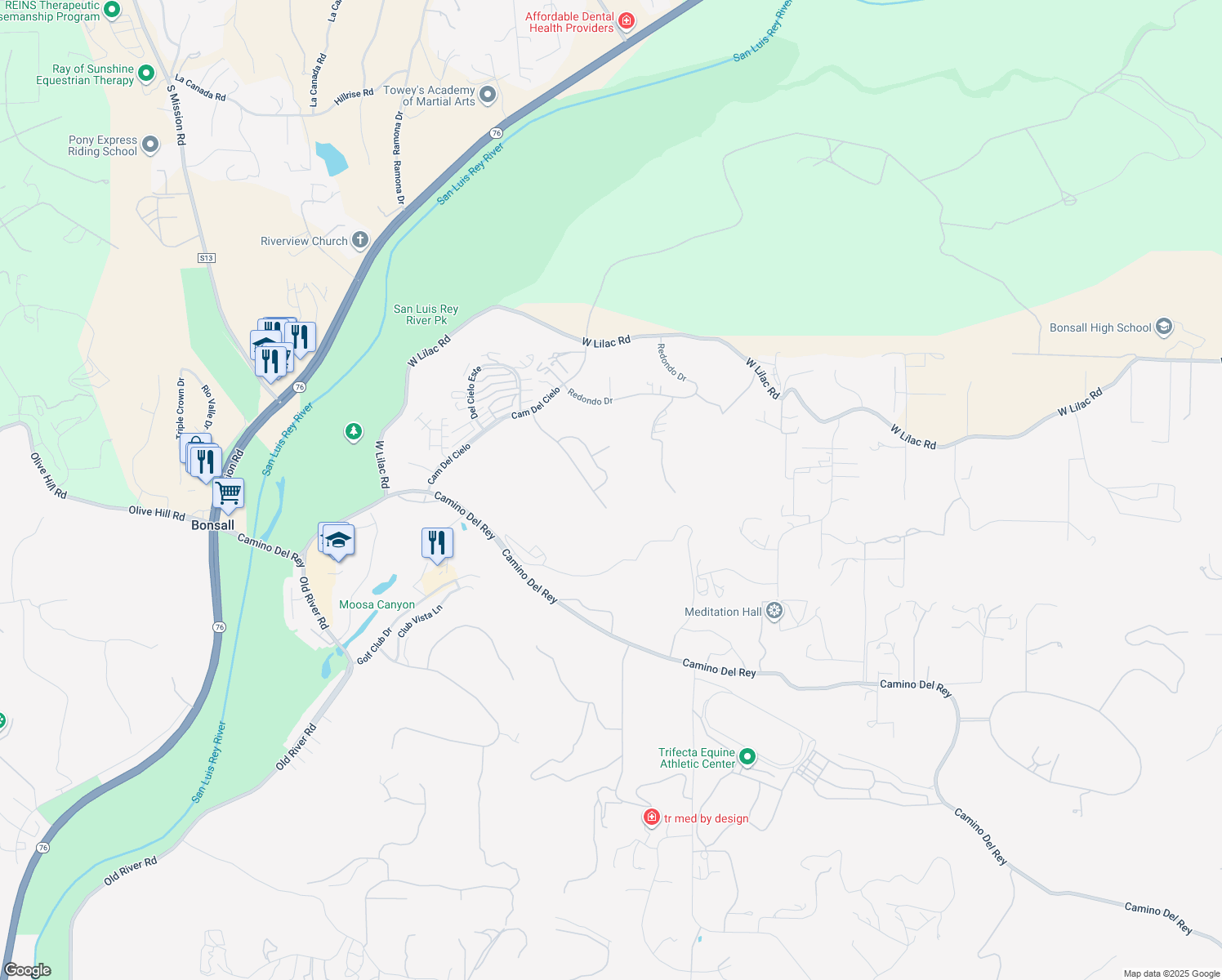 map of restaurants, bars, coffee shops, grocery stores, and more near 77 Via Larga Vista in Bonsall