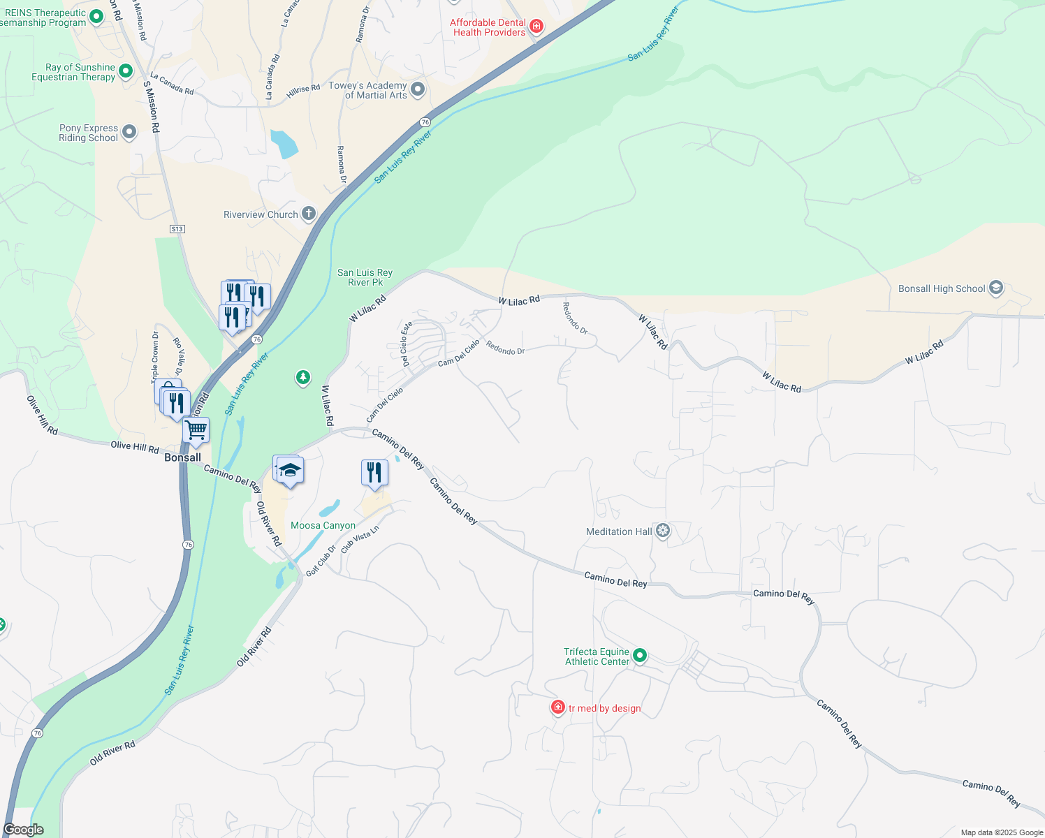 map of restaurants, bars, coffee shops, grocery stores, and more near 77 Via Larga Vista in Bonsall