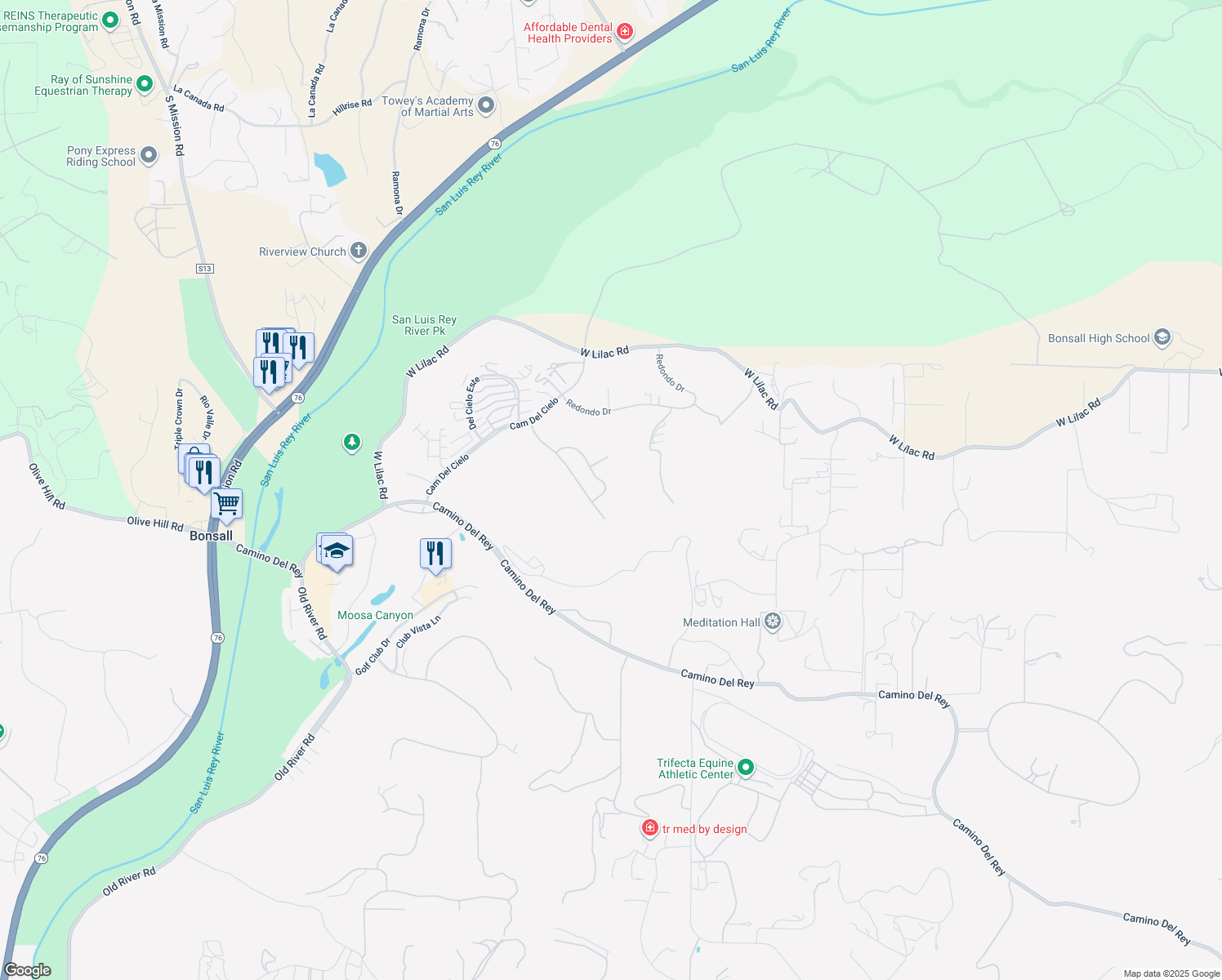 map of restaurants, bars, coffee shops, grocery stores, and more near 69 Via Larga Vista in Bonsall