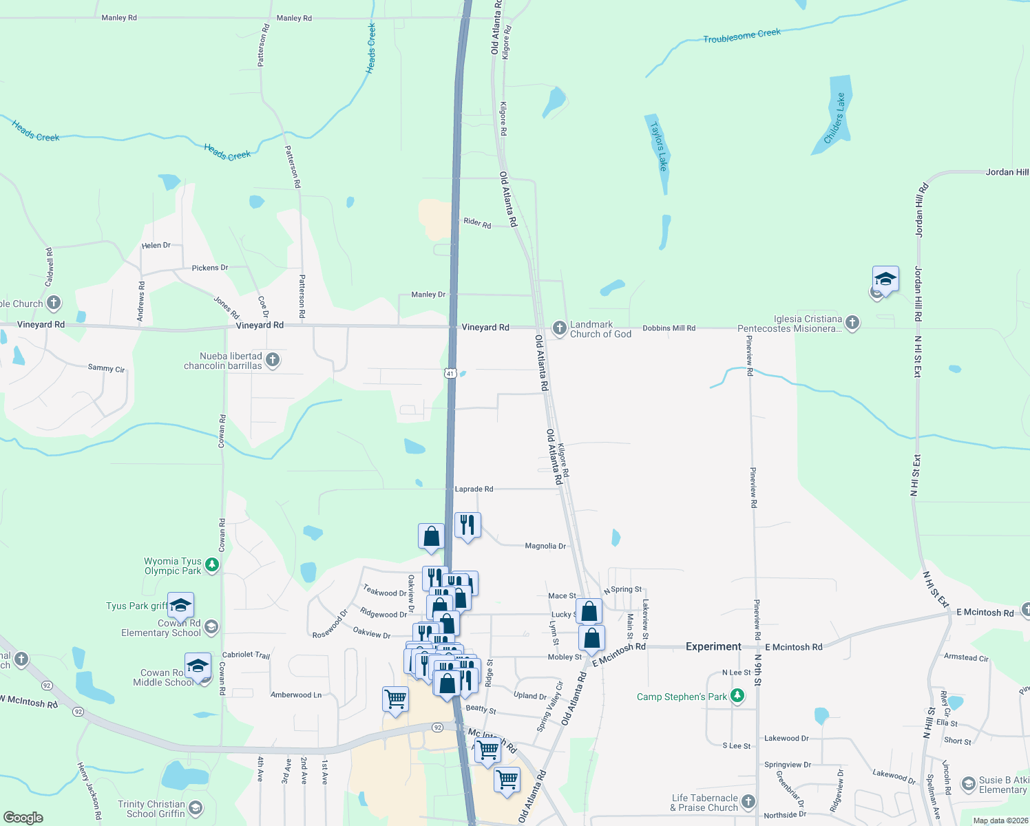 map of restaurants, bars, coffee shops, grocery stores, and more near 106 Westmoreland Drive in Griffin