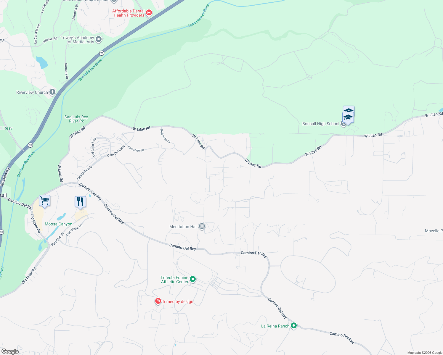 map of restaurants, bars, coffee shops, grocery stores, and more near 31898 Wrightwood Road in Bonsall
