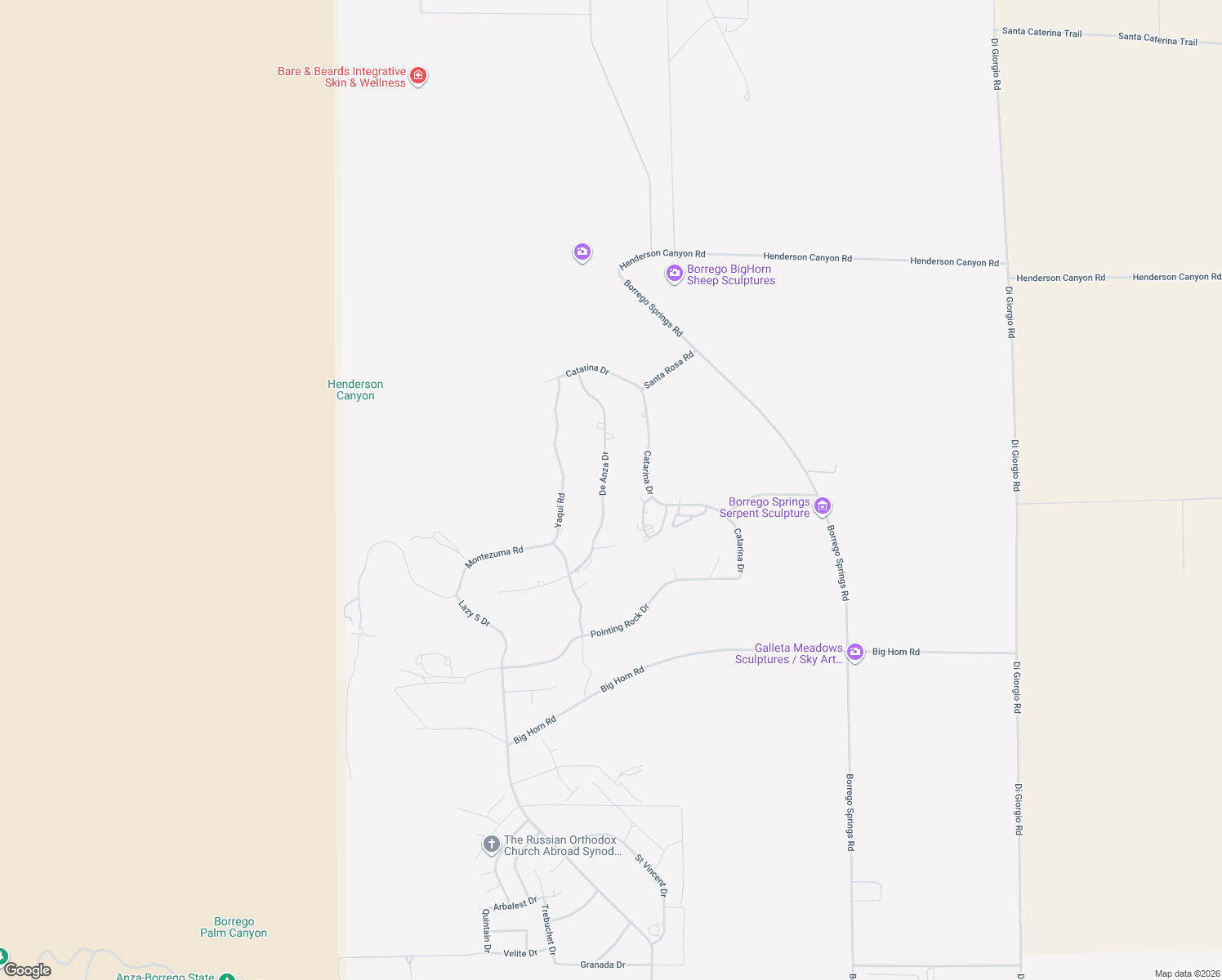 map of restaurants, bars, coffee shops, grocery stores, and more near 1511 De Anza Drive in Borrego Springs