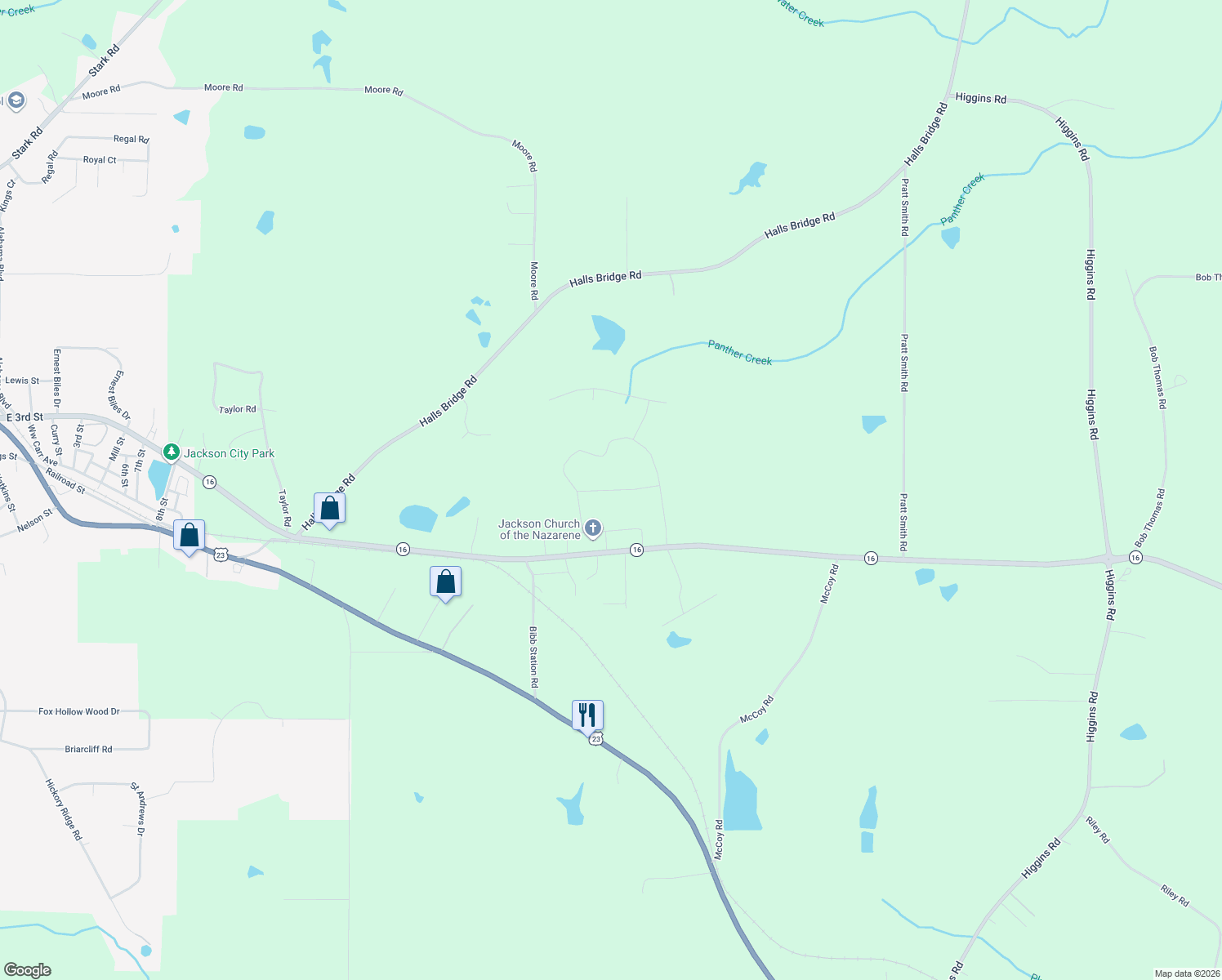 map of restaurants, bars, coffee shops, grocery stores, and more near 130 Shady Lane in Jackson