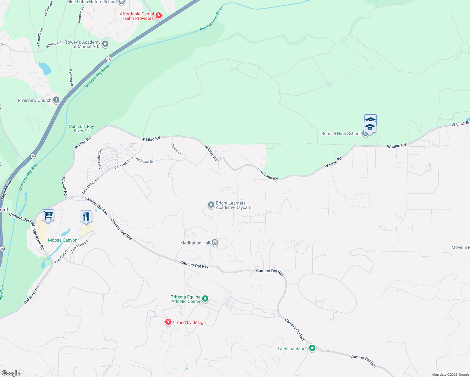 map of restaurants, bars, coffee shops, grocery stores, and more near 31912 Wrightwood Road in Bonsall