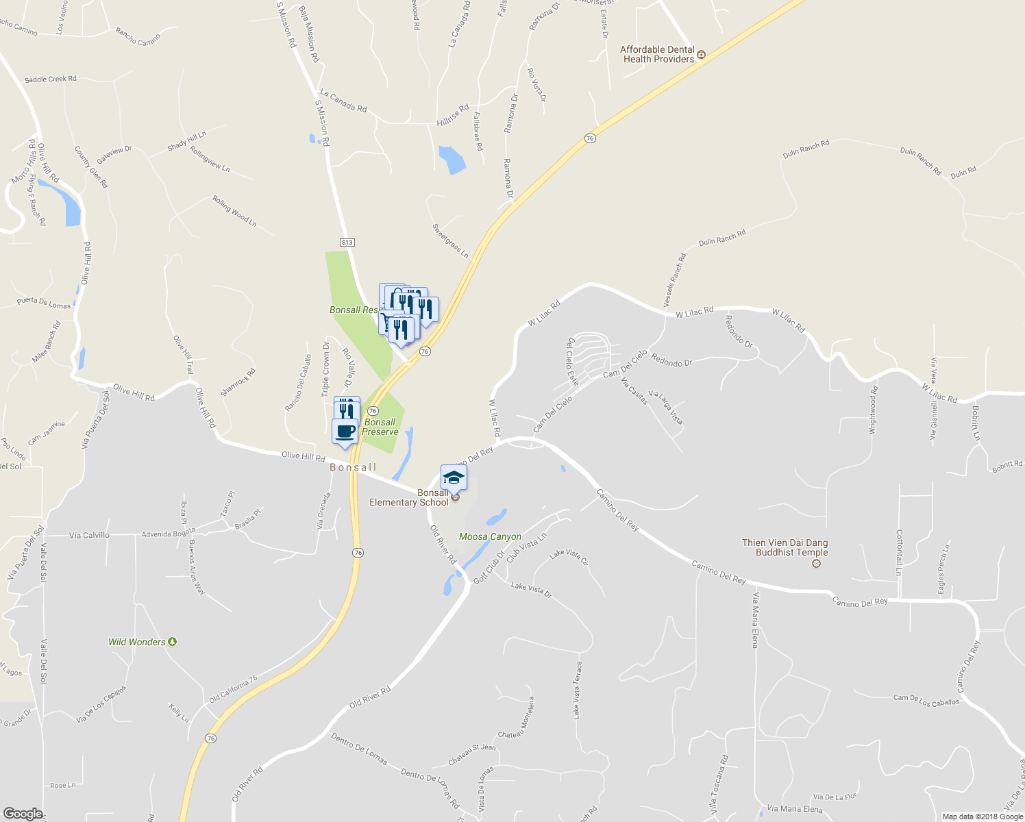 map of restaurants, bars, coffee shops, grocery stores, and more near 5412 Fairgreen Way in Bonsall