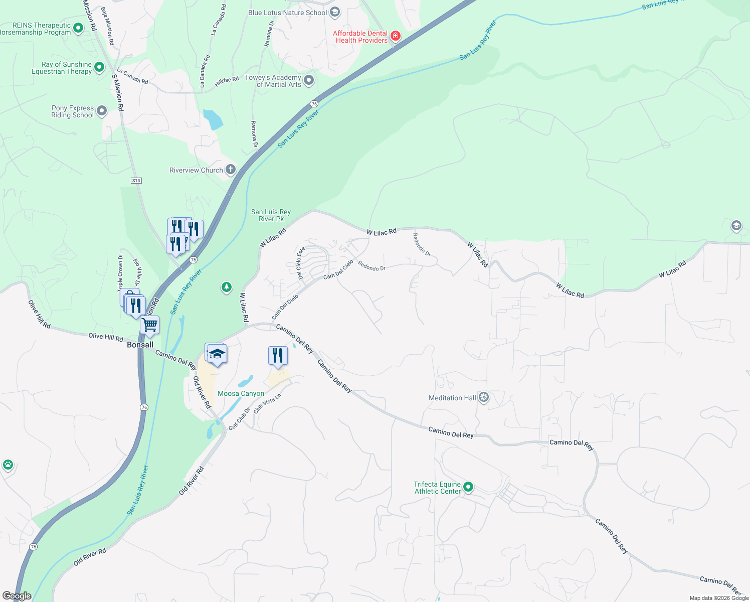 map of restaurants, bars, coffee shops, grocery stores, and more near 44 Vía Casitas in Bonsall