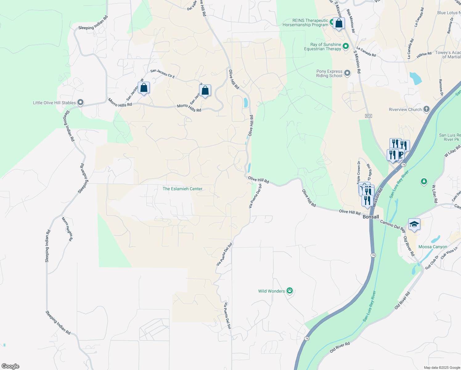 map of restaurants, bars, coffee shops, grocery stores, and more near 5382 Willman Court in Bonsall
