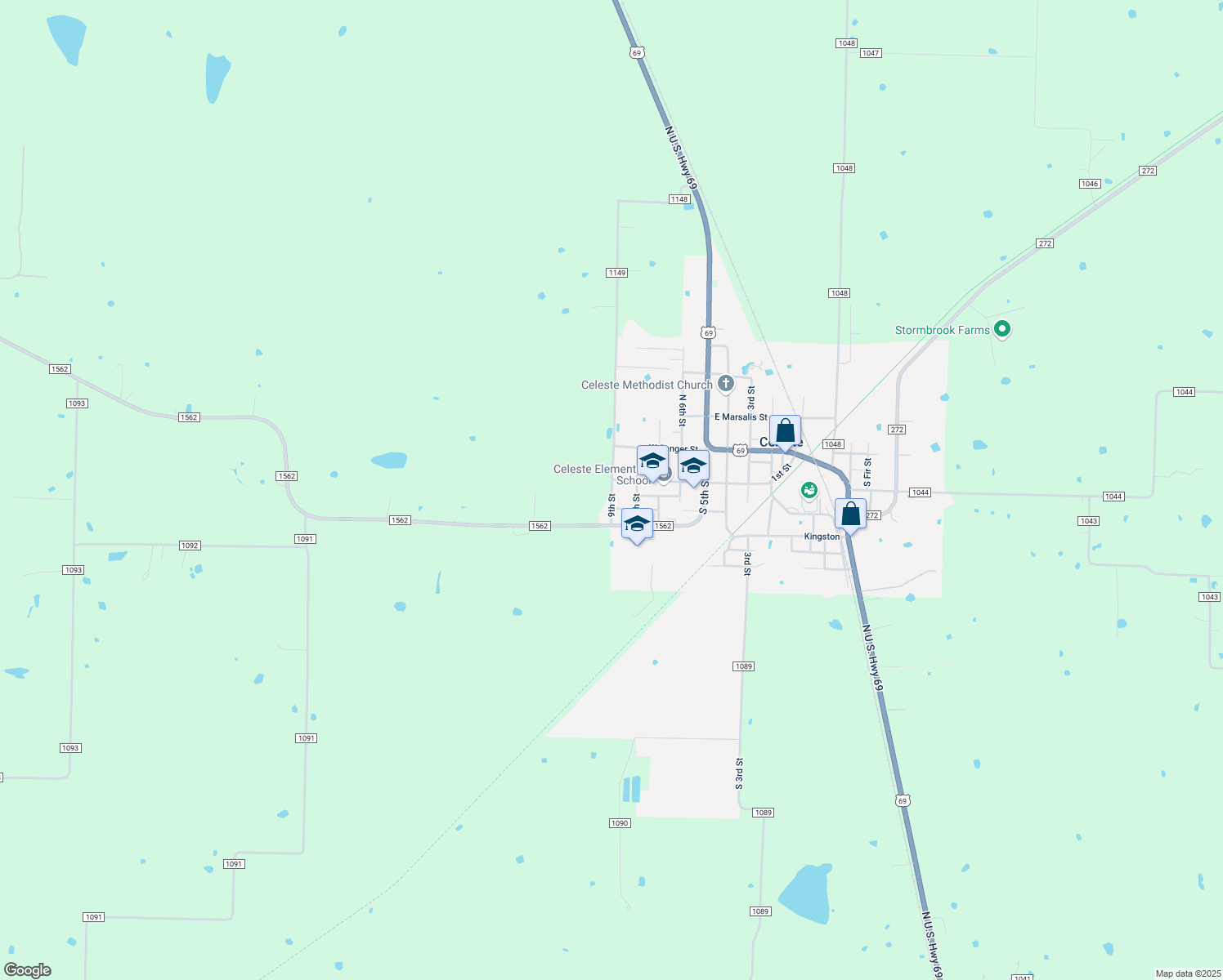 map of restaurants, bars, coffee shops, grocery stores, and more near 6175 County Road 1149 in Celeste
