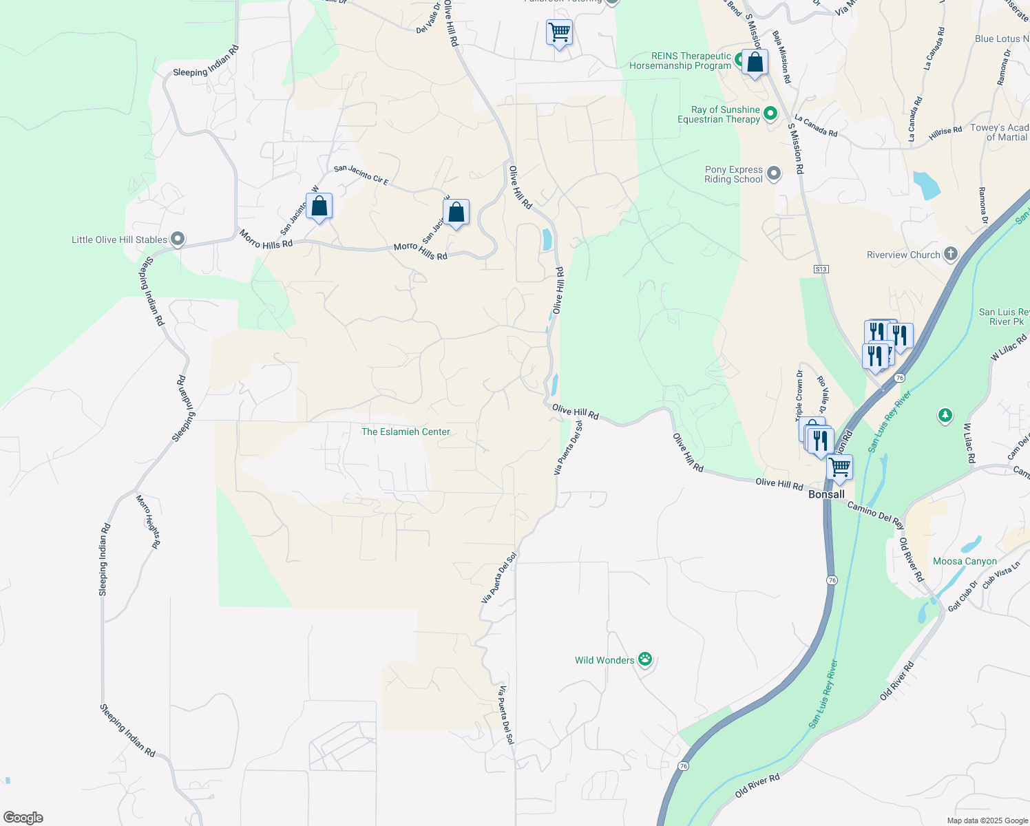 map of restaurants, bars, coffee shops, grocery stores, and more near 5382 Willman Court in Bonsall