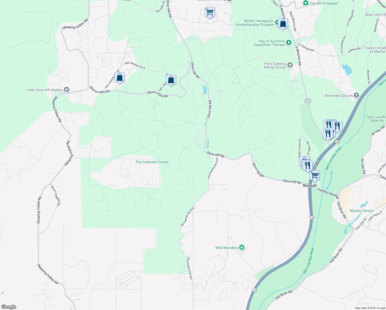 map of restaurants, bars, coffee shops, grocery stores, and more near 5366 Willman Court in Fallbrook