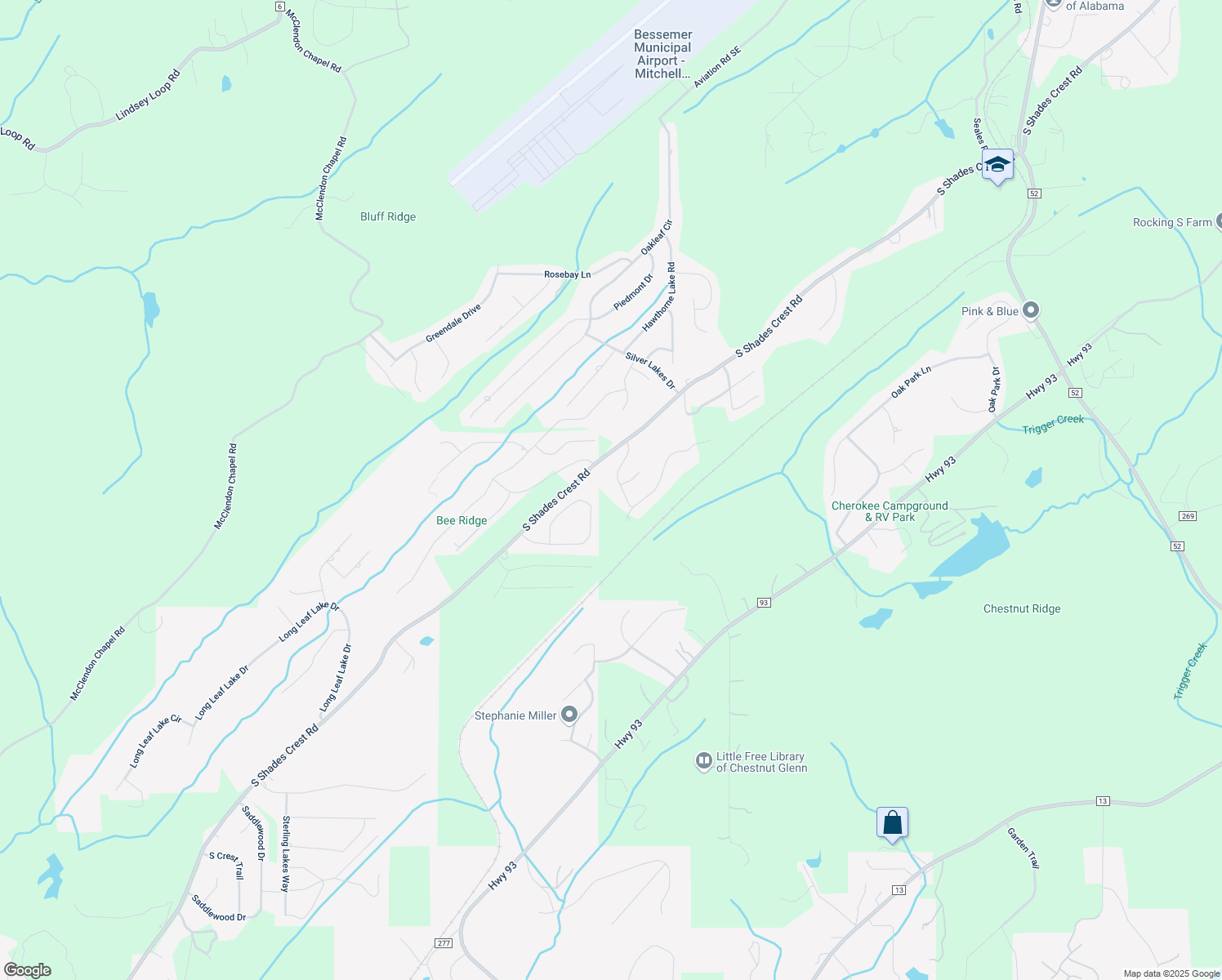 map of restaurants, bars, coffee shops, grocery stores, and more near 1023 Grand Oaks Drive in Bessemer