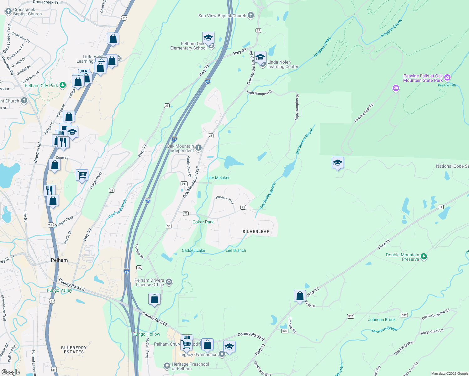 map of restaurants, bars, coffee shops, grocery stores, and more near 24 Fox Hound Trail in Pelham