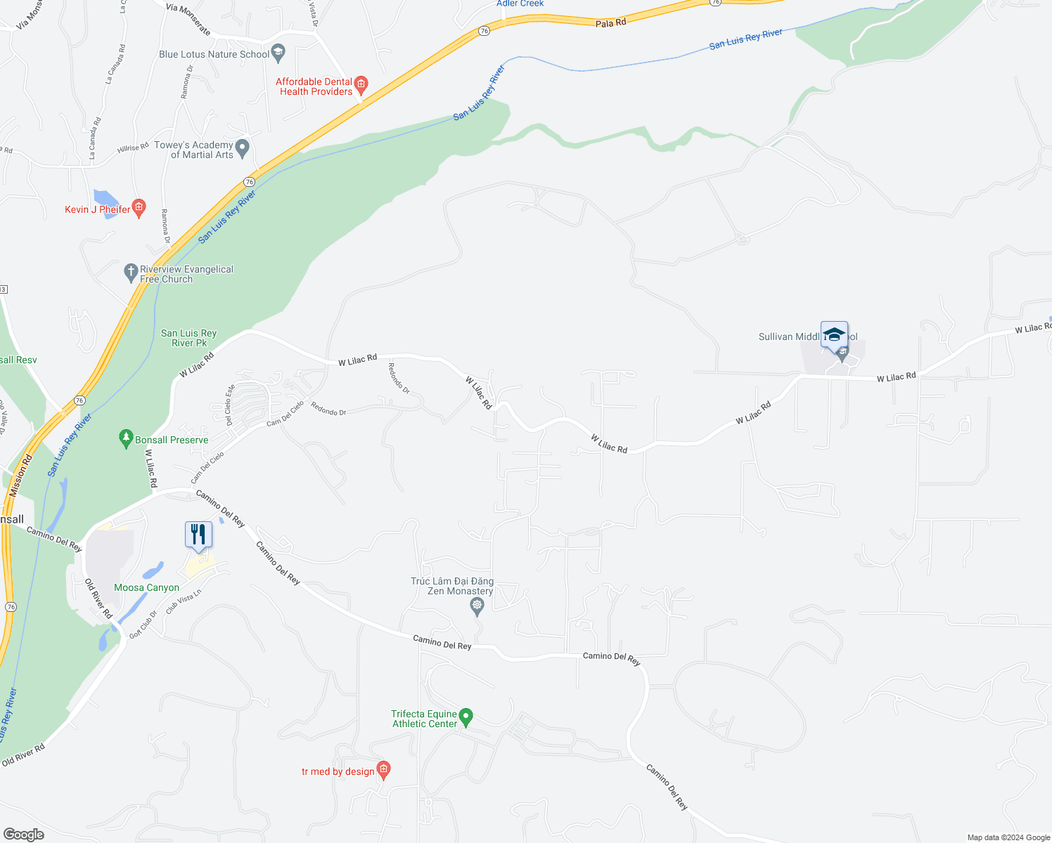 map of restaurants, bars, coffee shops, grocery stores, and more near 6480 West Lilac Road in Bonsall
