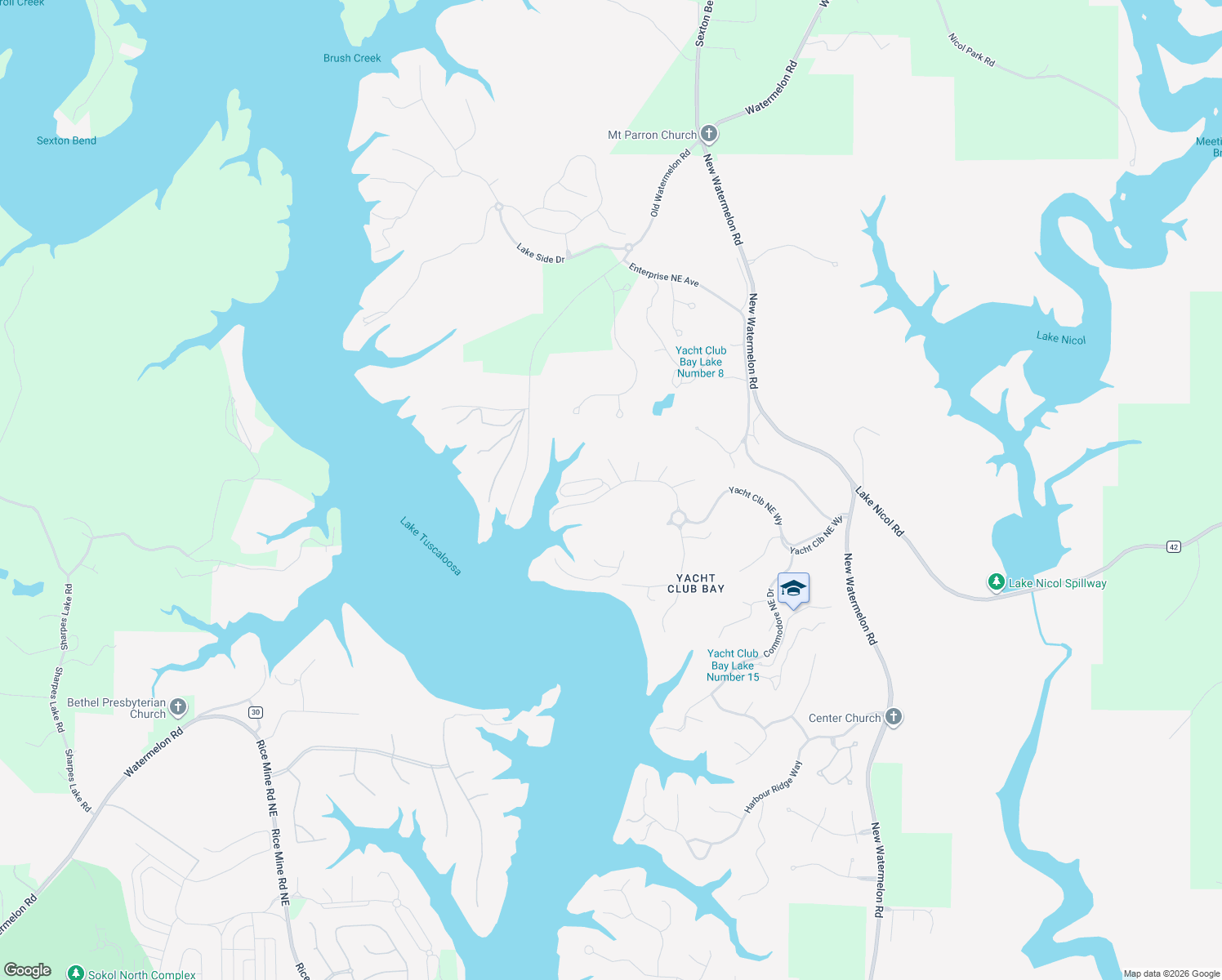 map of restaurants, bars, coffee shops, grocery stores, and more near 8263 Mountbatten Road Northeast in Tuscaloosa