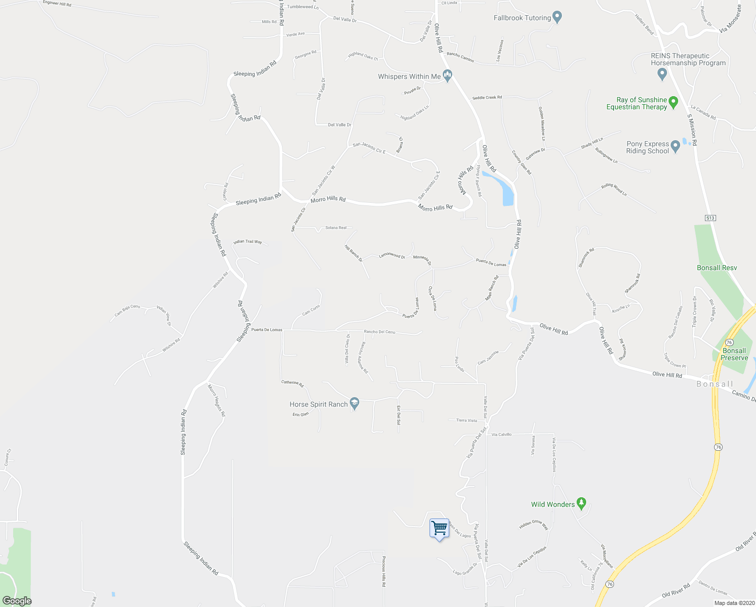 map of restaurants, bars, coffee shops, grocery stores, and more near 505 Puerta De Lomas in Fallbrook