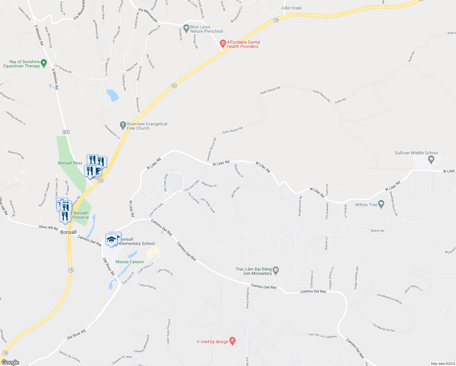 map of restaurants, bars, coffee shops, grocery stores, and more near 6046 Redondo Drive in Bonsall