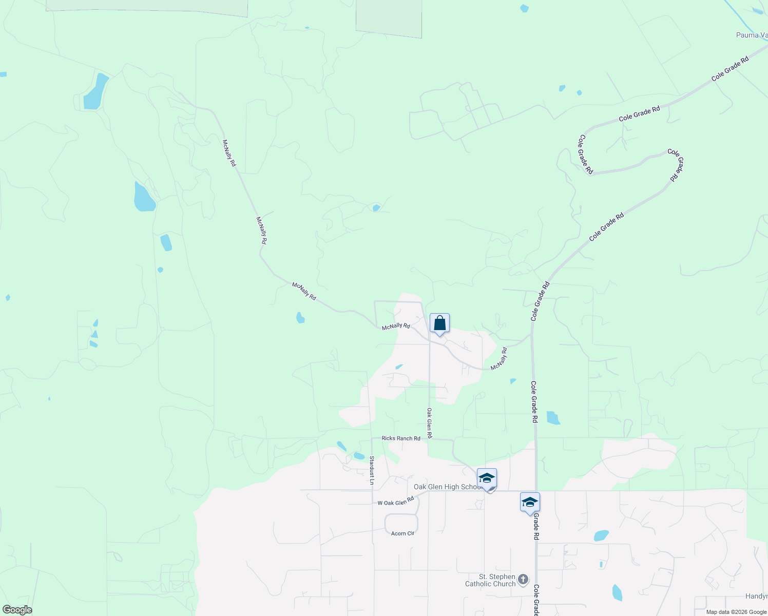 map of restaurants, bars, coffee shops, grocery stores, and more near 13606 McNally Road in Valley Center