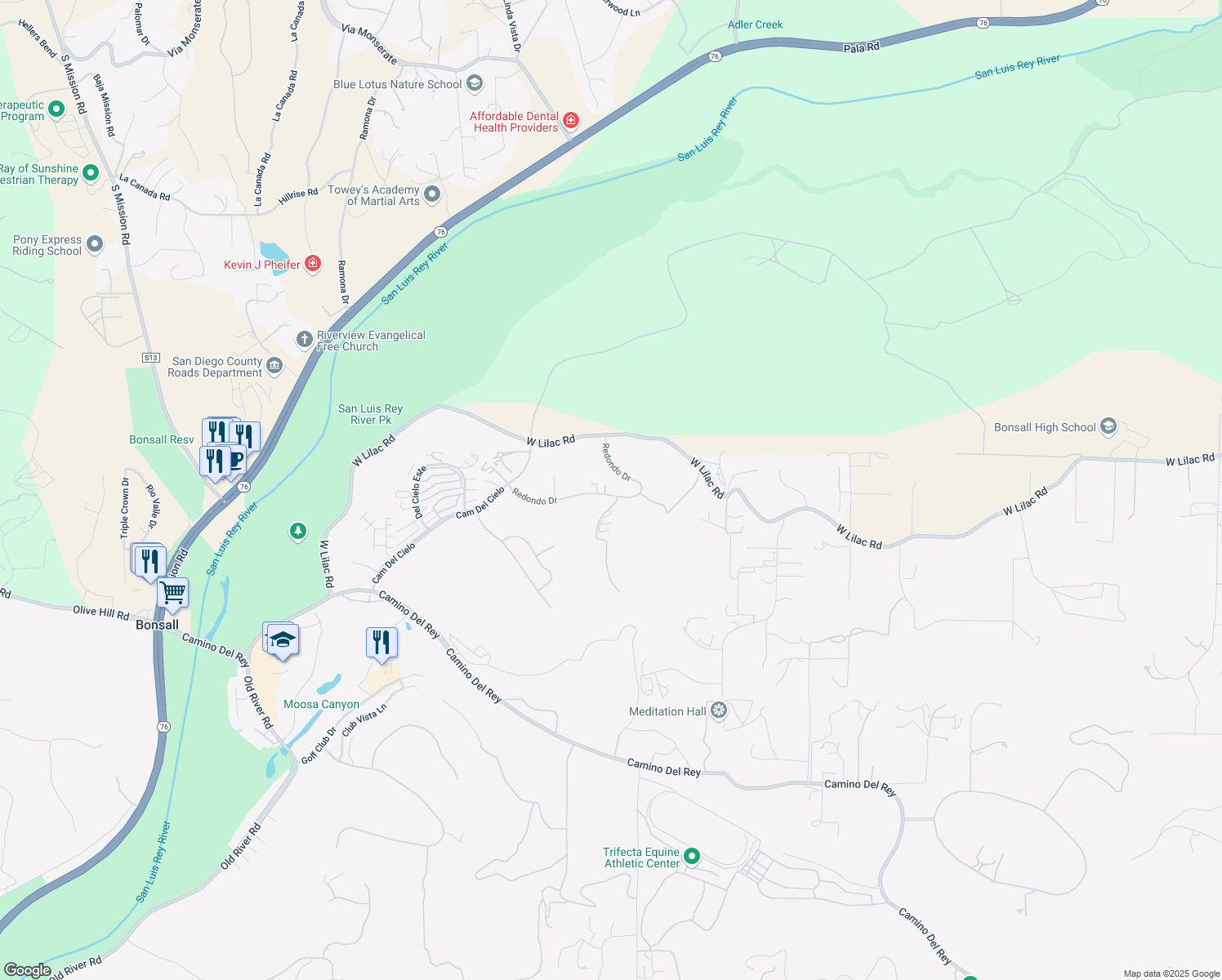 map of restaurants, bars, coffee shops, grocery stores, and more near 5884 Redondo Drive in Bonsall