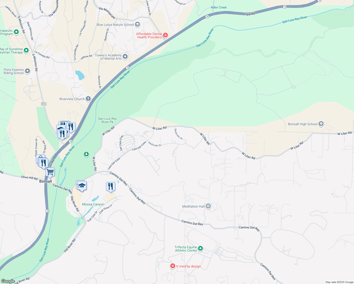 map of restaurants, bars, coffee shops, grocery stores, and more near 5884 Redondo Drive in Bonsall