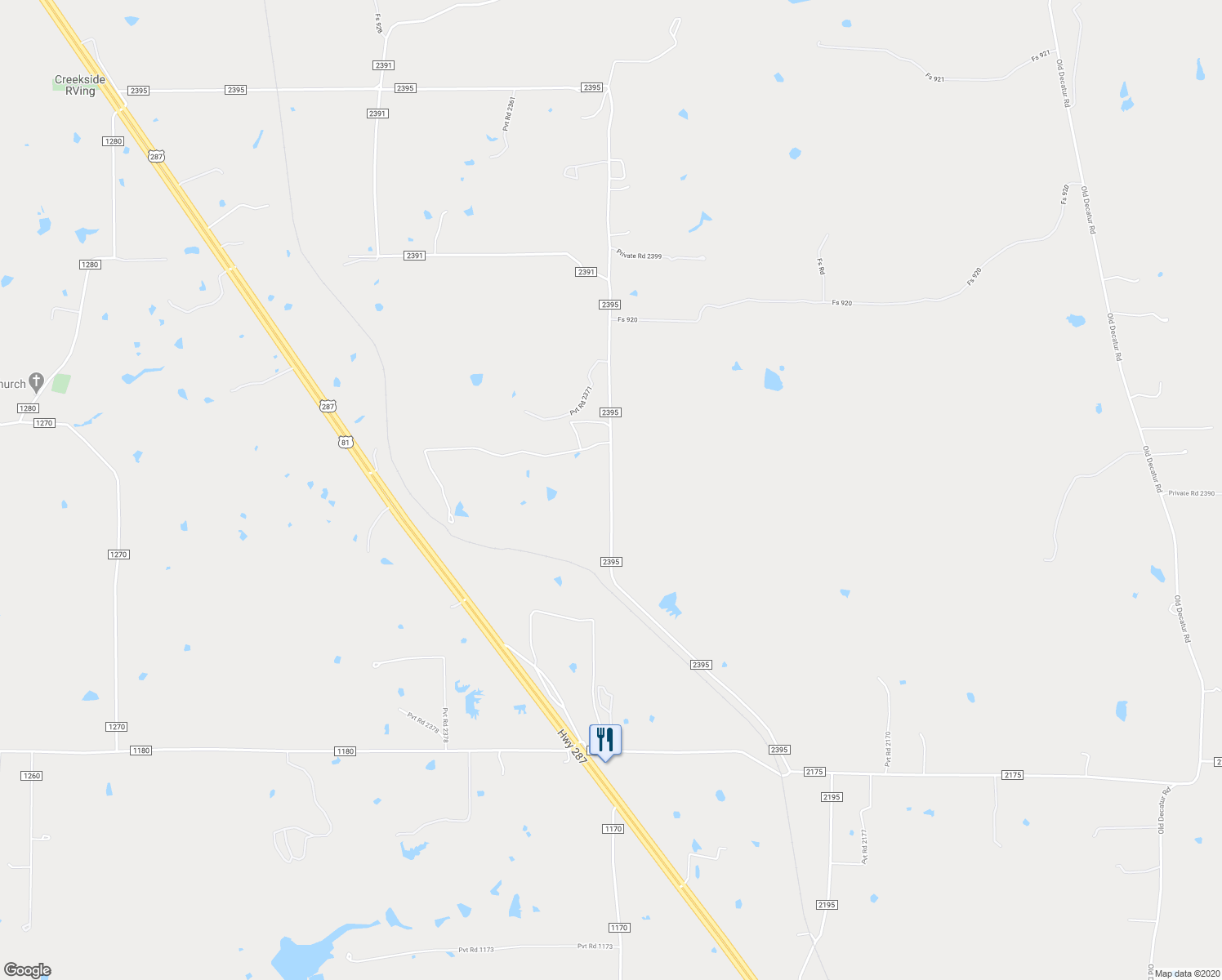 map of restaurants, bars, coffee shops, grocery stores, and more near County Road 2395 in Decatur