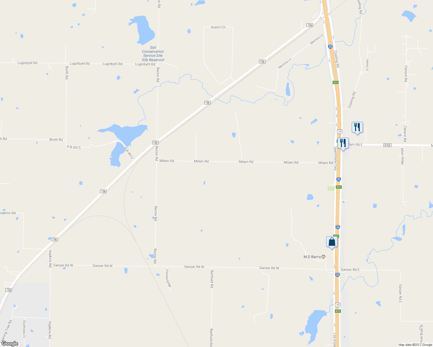 map of restaurants, bars, coffee shops, grocery stores, and more near 5871 Milam Rd in Denton