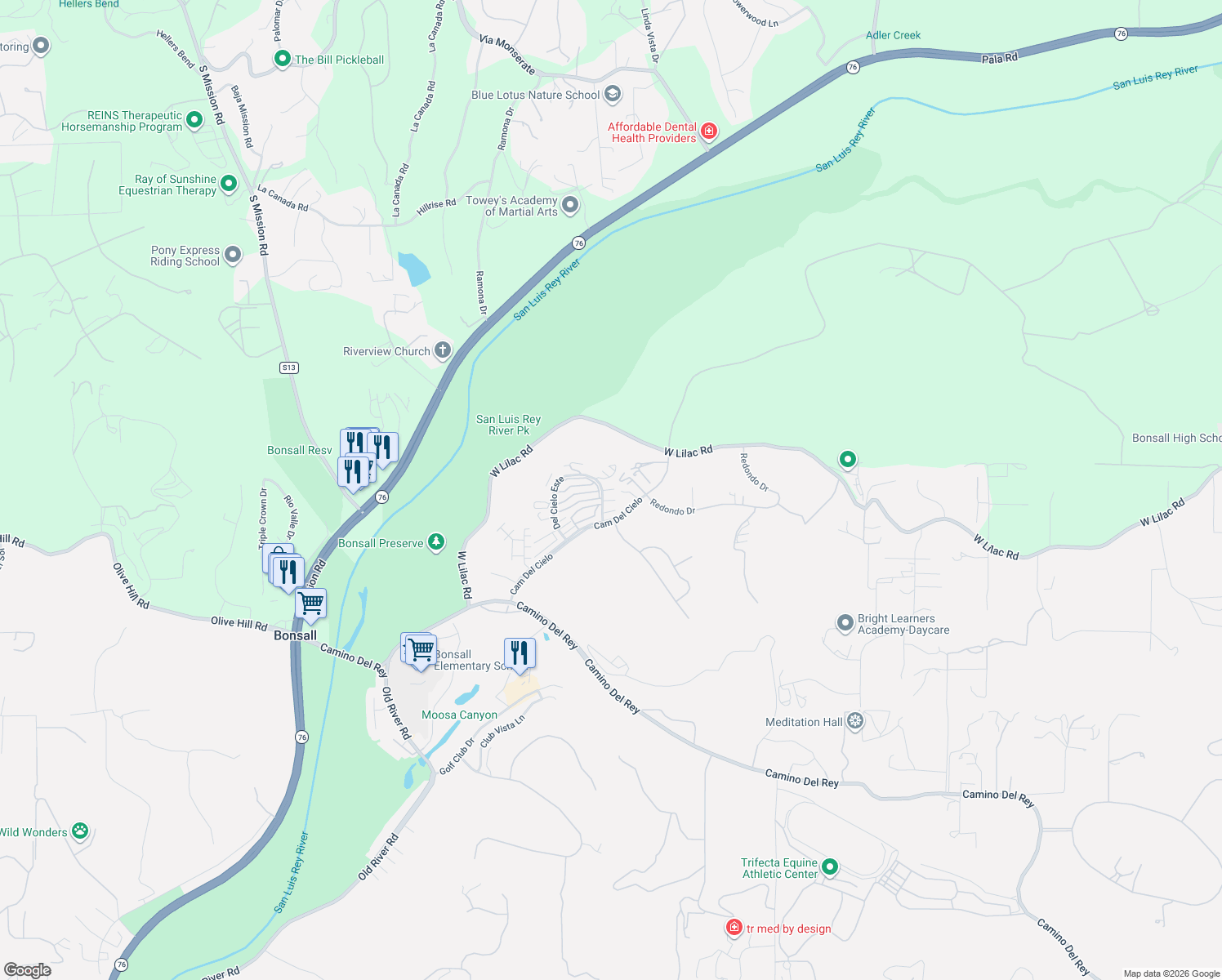 map of restaurants, bars, coffee shops, grocery stores, and more near 5782 Camino Del Cielo in Bonsall