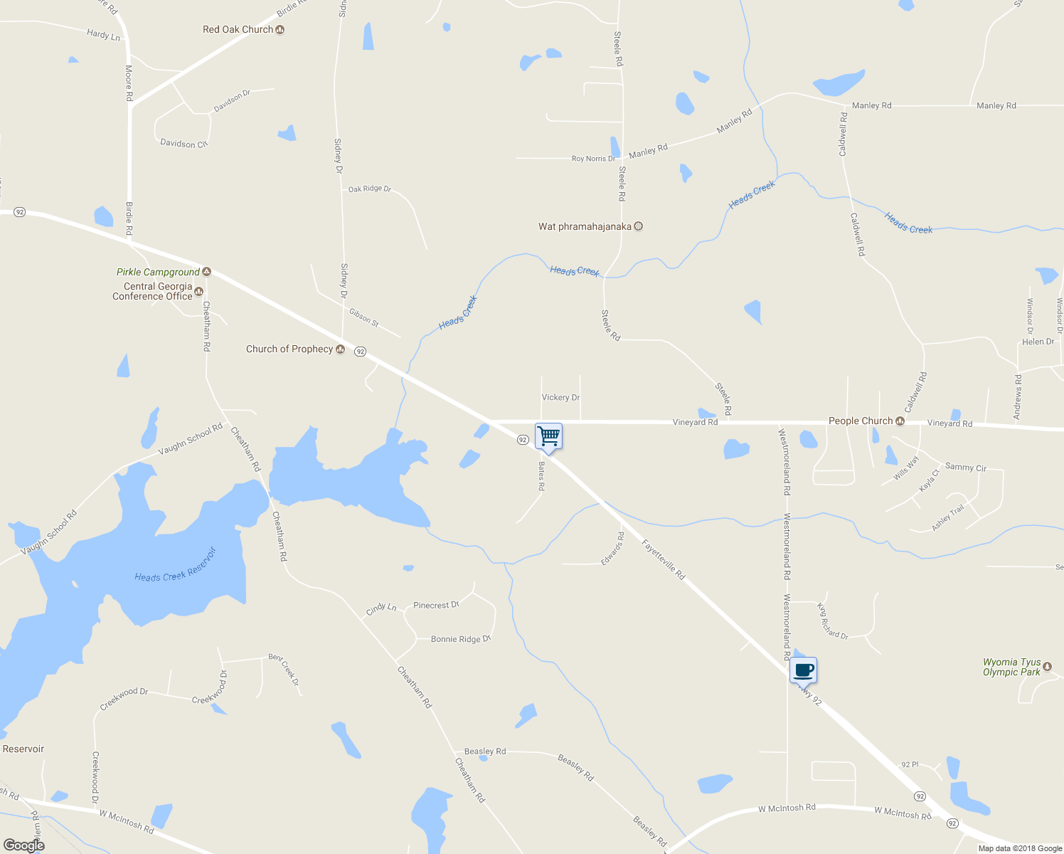 map of restaurants, bars, coffee shops, grocery stores, and more near 1604 Vineyard Road in Griffin