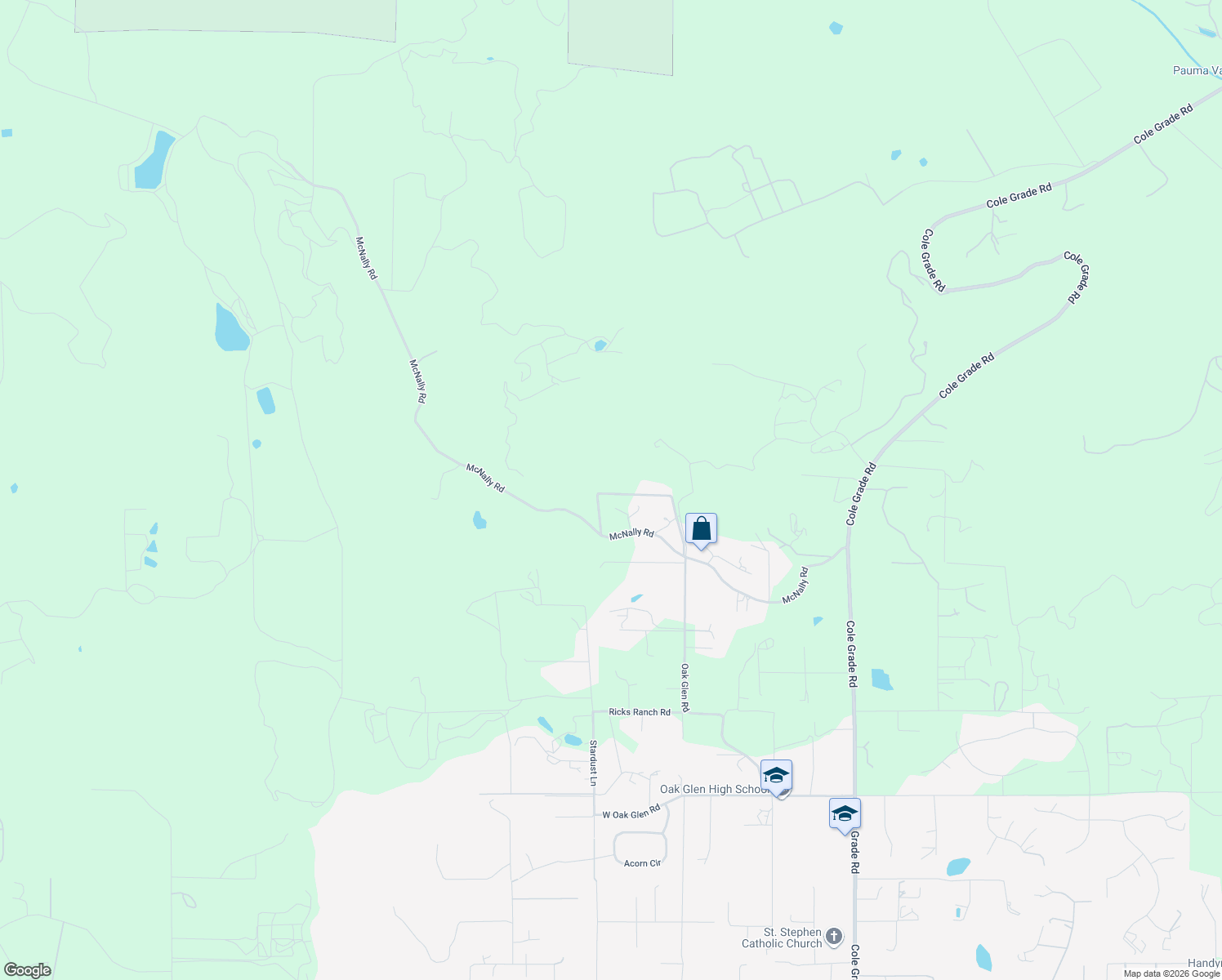 map of restaurants, bars, coffee shops, grocery stores, and more near 13588 McNally Road in Valley Center