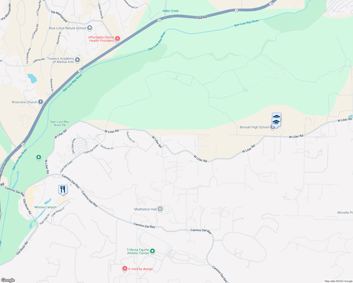 map of restaurants, bars, coffee shops, grocery stores, and more near 32084 Taliesin Way in Bonsall