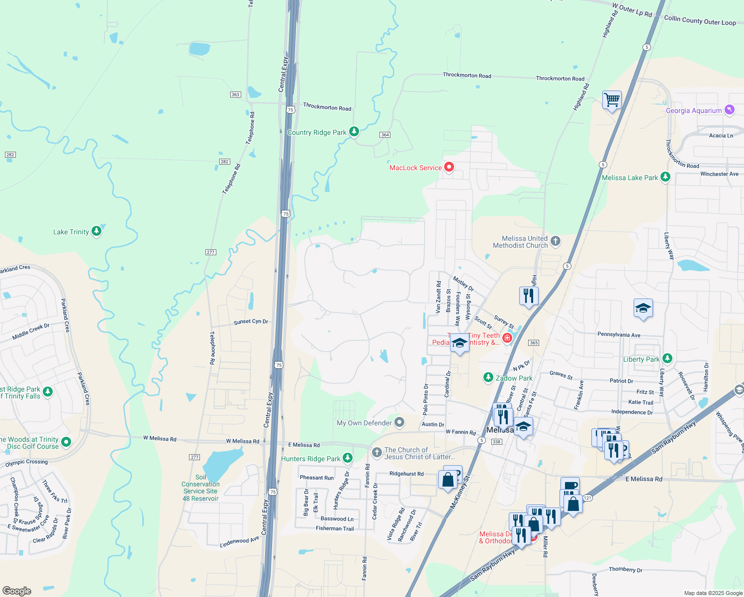 map of restaurants, bars, coffee shops, grocery stores, and more near 5 Trailridge Drive in Melissa
