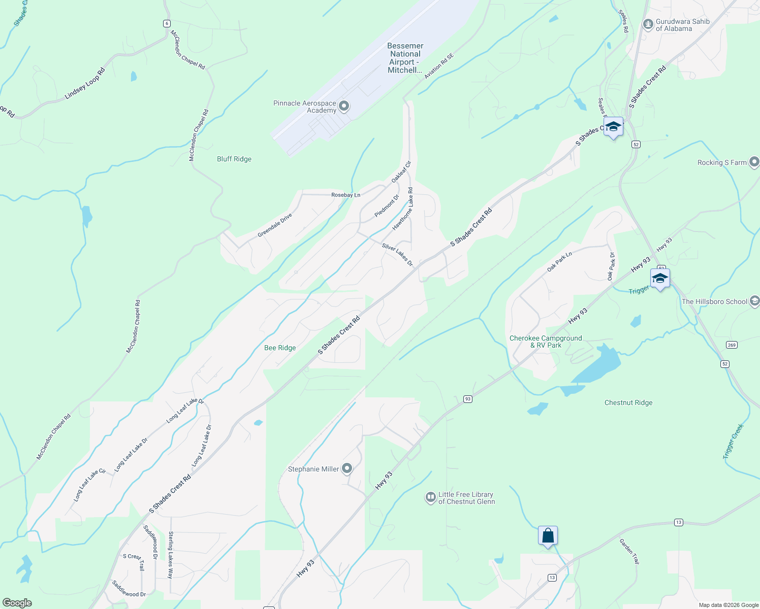 map of restaurants, bars, coffee shops, grocery stores, and more near 1005 Grand Oaks Drive in Bessemer