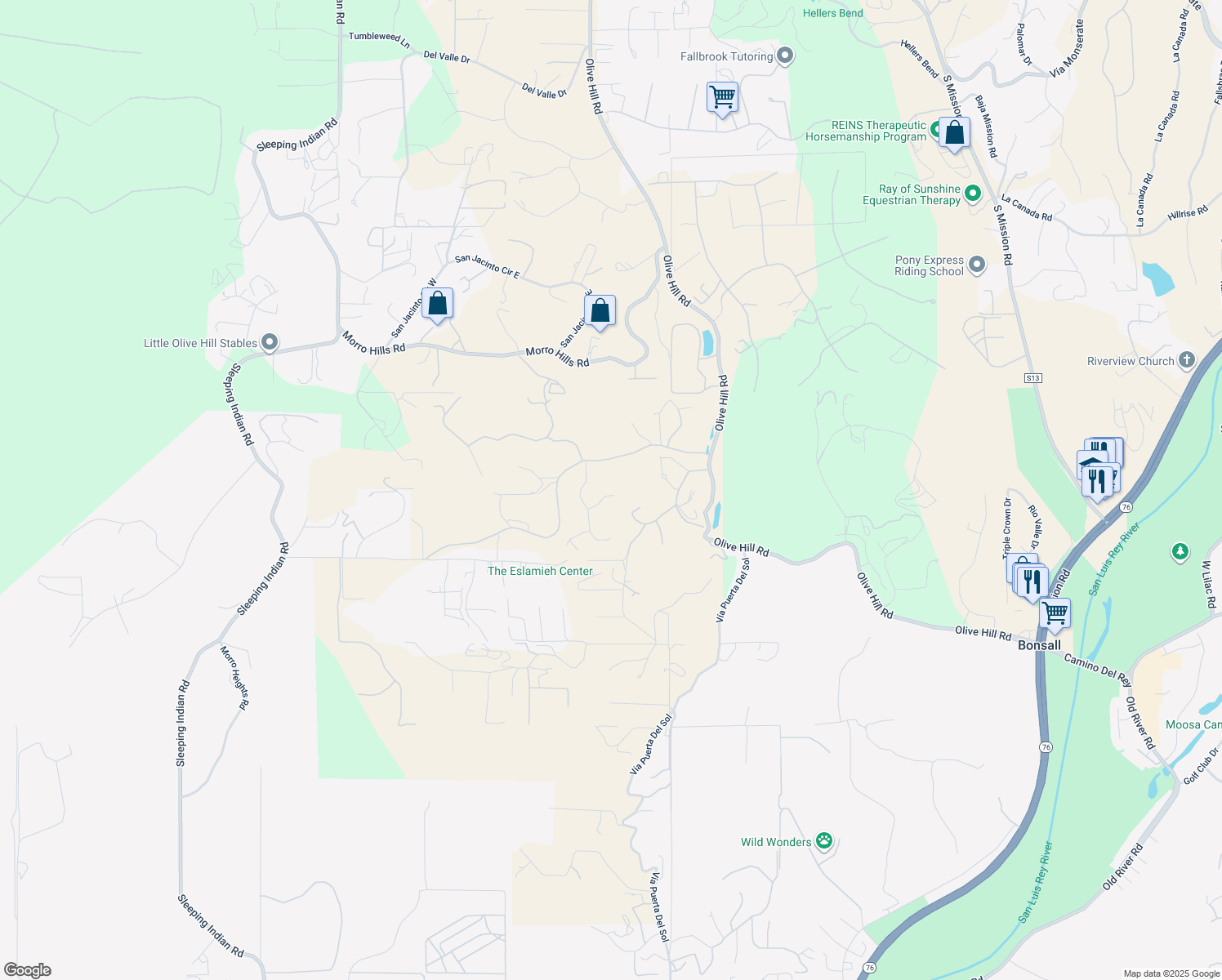 map of restaurants, bars, coffee shops, grocery stores, and more near 229 Circa Del Cielo in Fallbrook