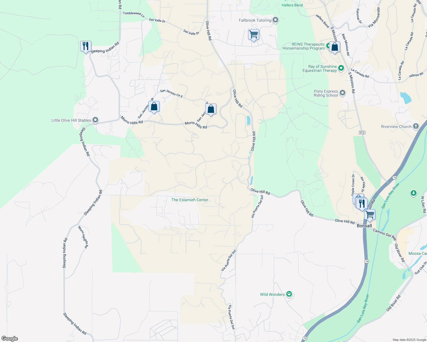 map of restaurants, bars, coffee shops, grocery stores, and more near 229 Circa Del Cielo in Fallbrook
