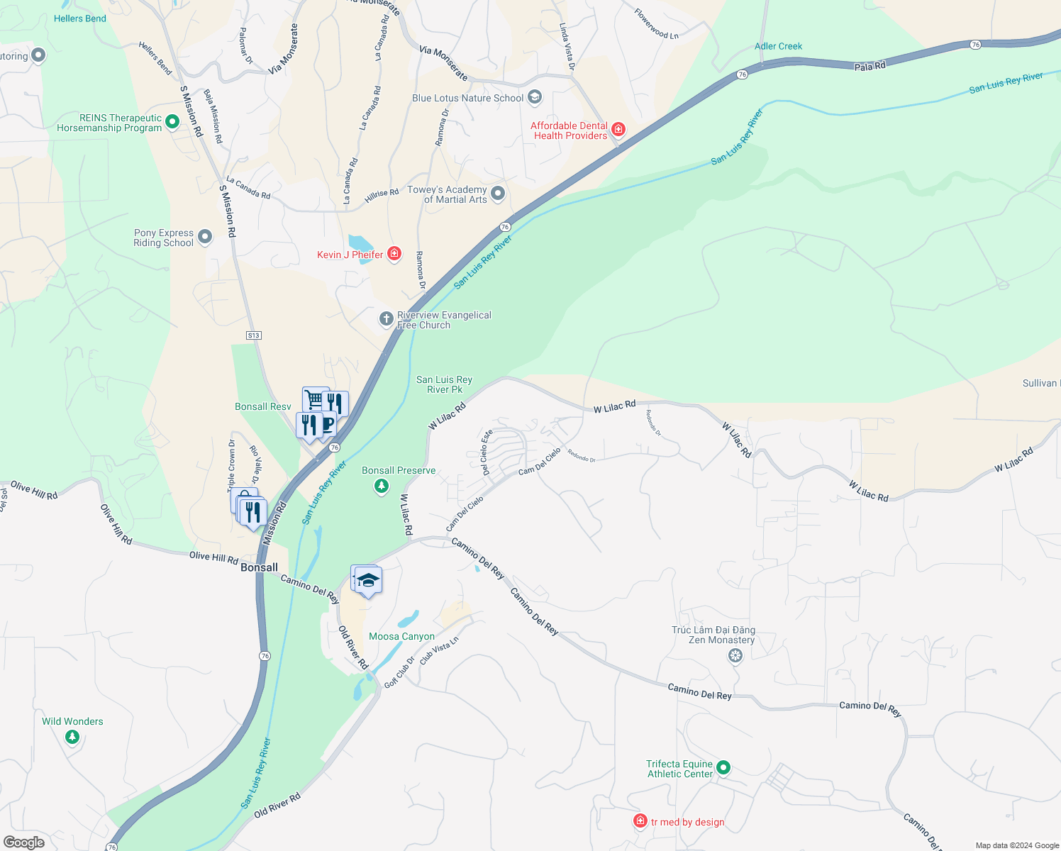 map of restaurants, bars, coffee shops, grocery stores, and more near 5782 Camino Del Cielo in Bonsall