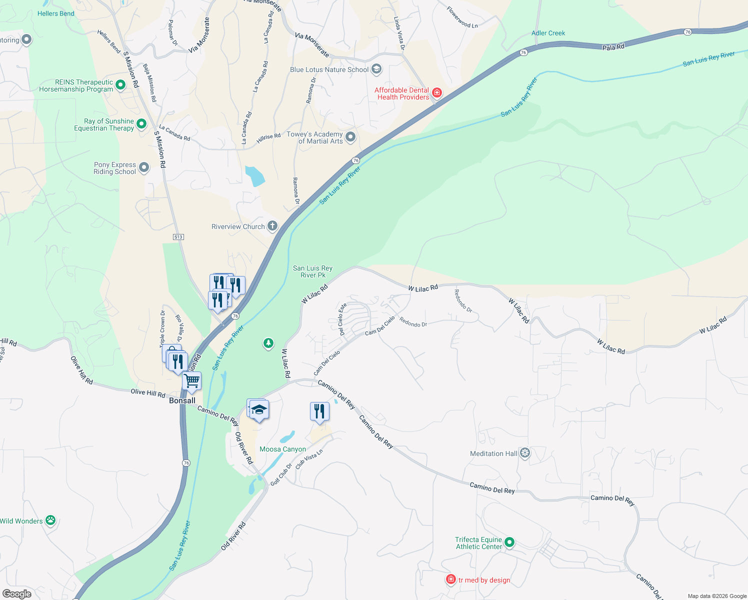 map of restaurants, bars, coffee shops, grocery stores, and more near 5782 Camino Del Cielo in Bonsall