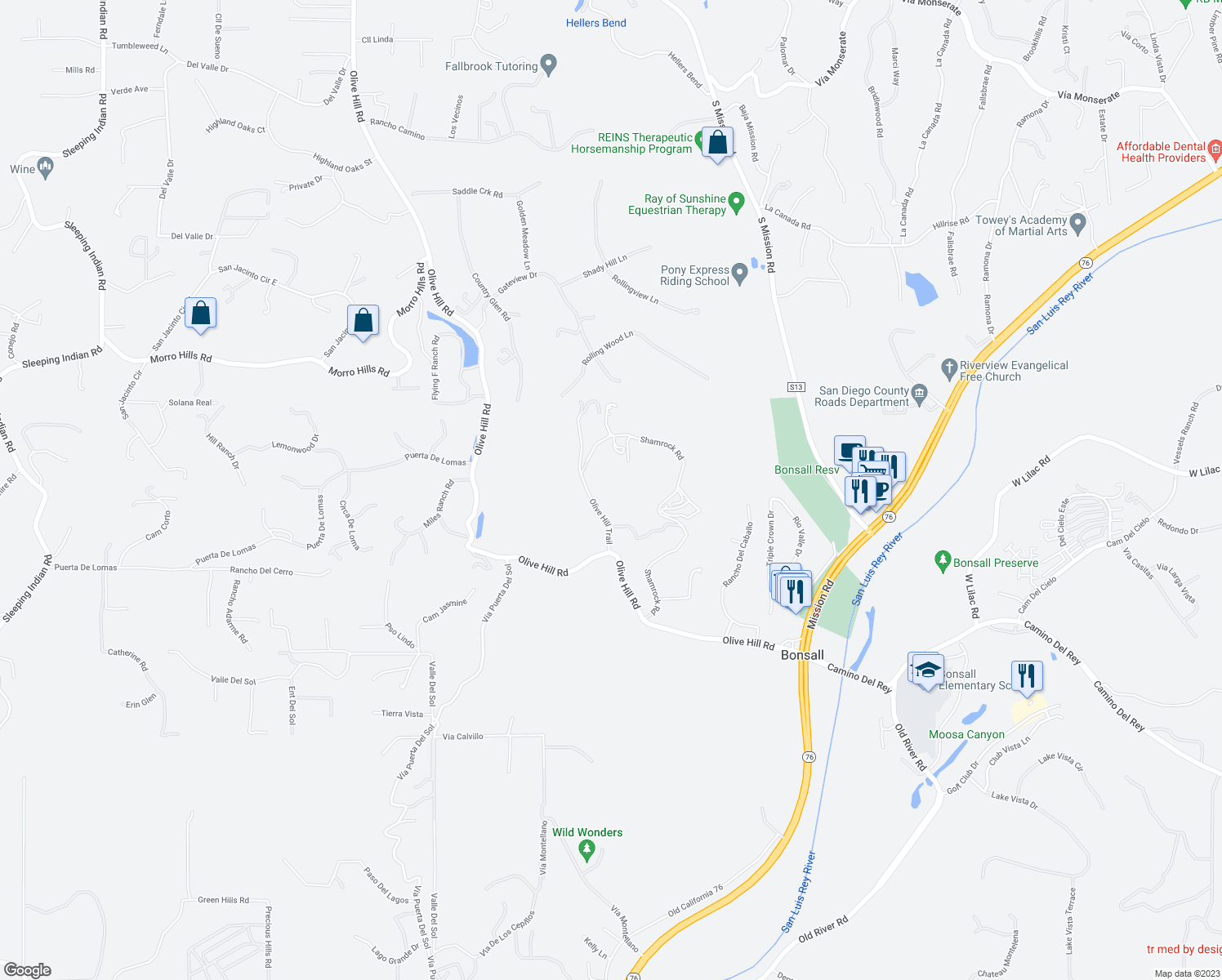 map of restaurants, bars, coffee shops, grocery stores, and more near 5320 Olive Hill Trail in Bonsall