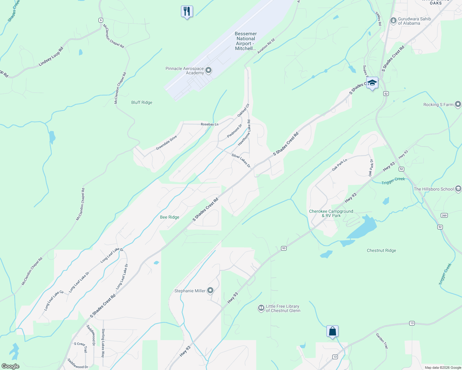 map of restaurants, bars, coffee shops, grocery stores, and more near 1005 Grand Oaks Drive in Bessemer