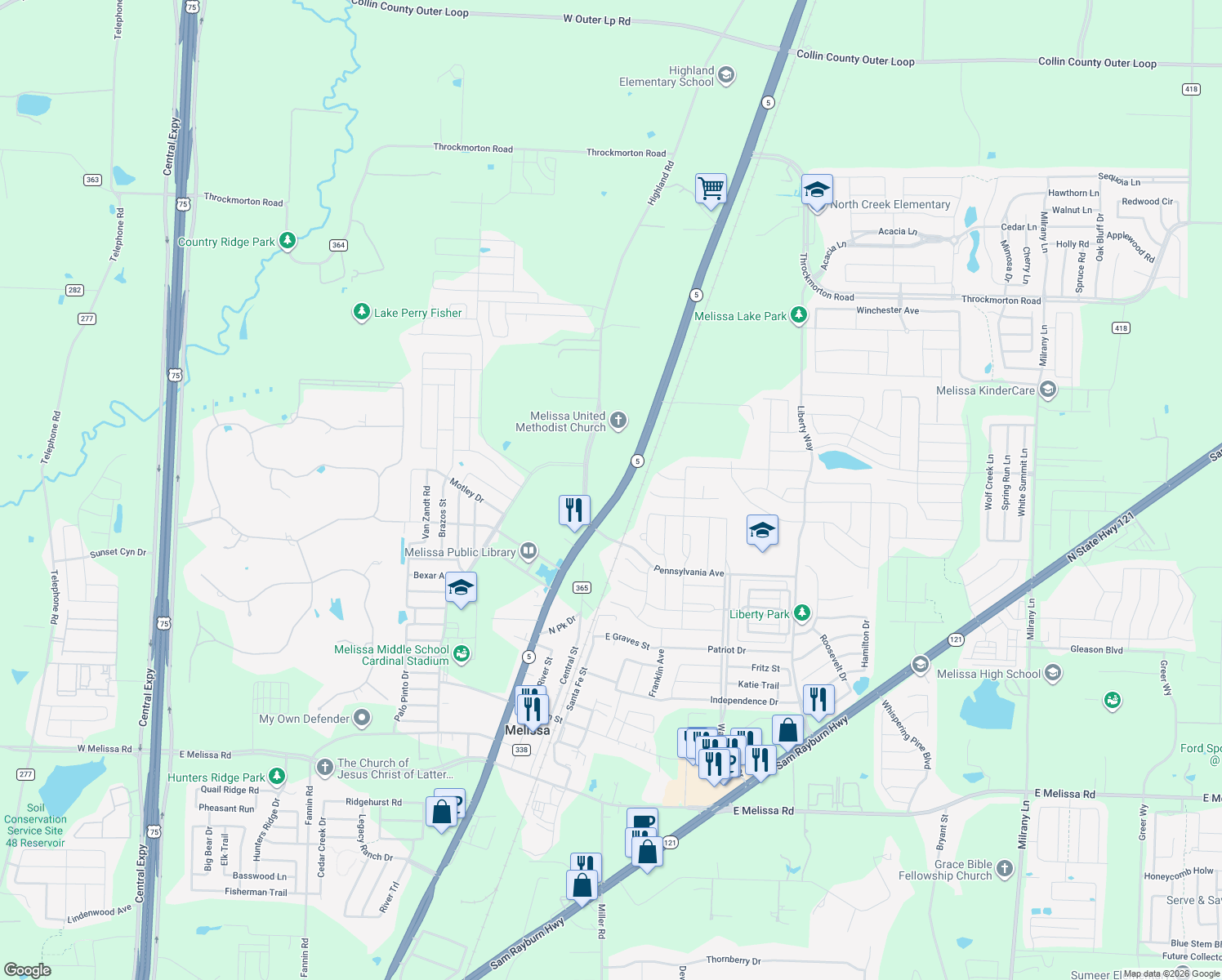 map of restaurants, bars, coffee shops, grocery stores, and more near 3707 McKinney Street in Melissa