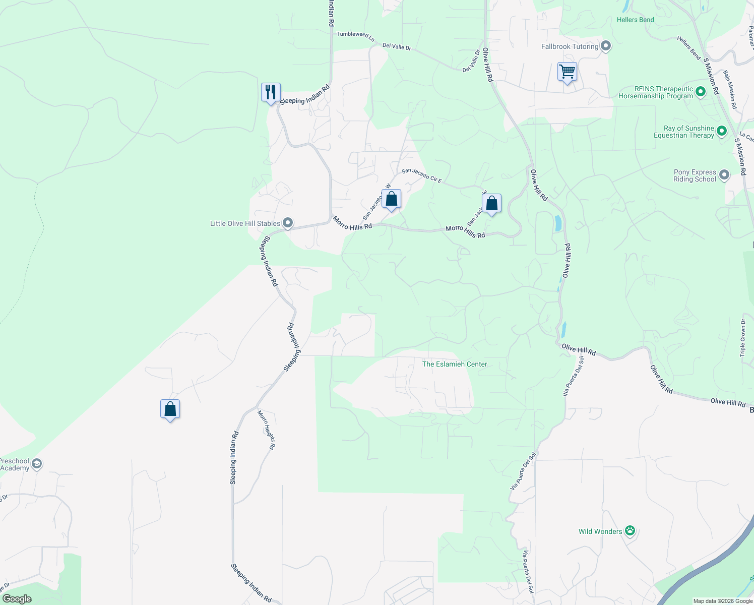 map of restaurants, bars, coffee shops, grocery stores, and more near 5260 San Jacinto Circle West in Fallbrook