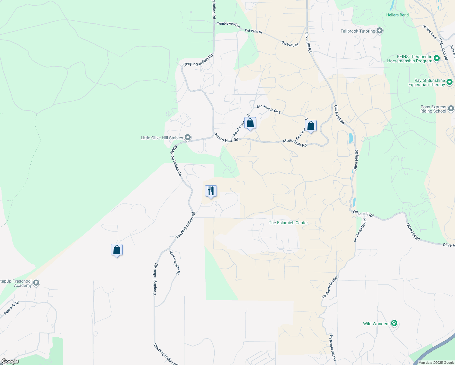 map of restaurants, bars, coffee shops, grocery stores, and more near 5246 San Jacinto Circle West in Fallbrook